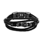 Multi-Strand Black Leather Skull Bracelet