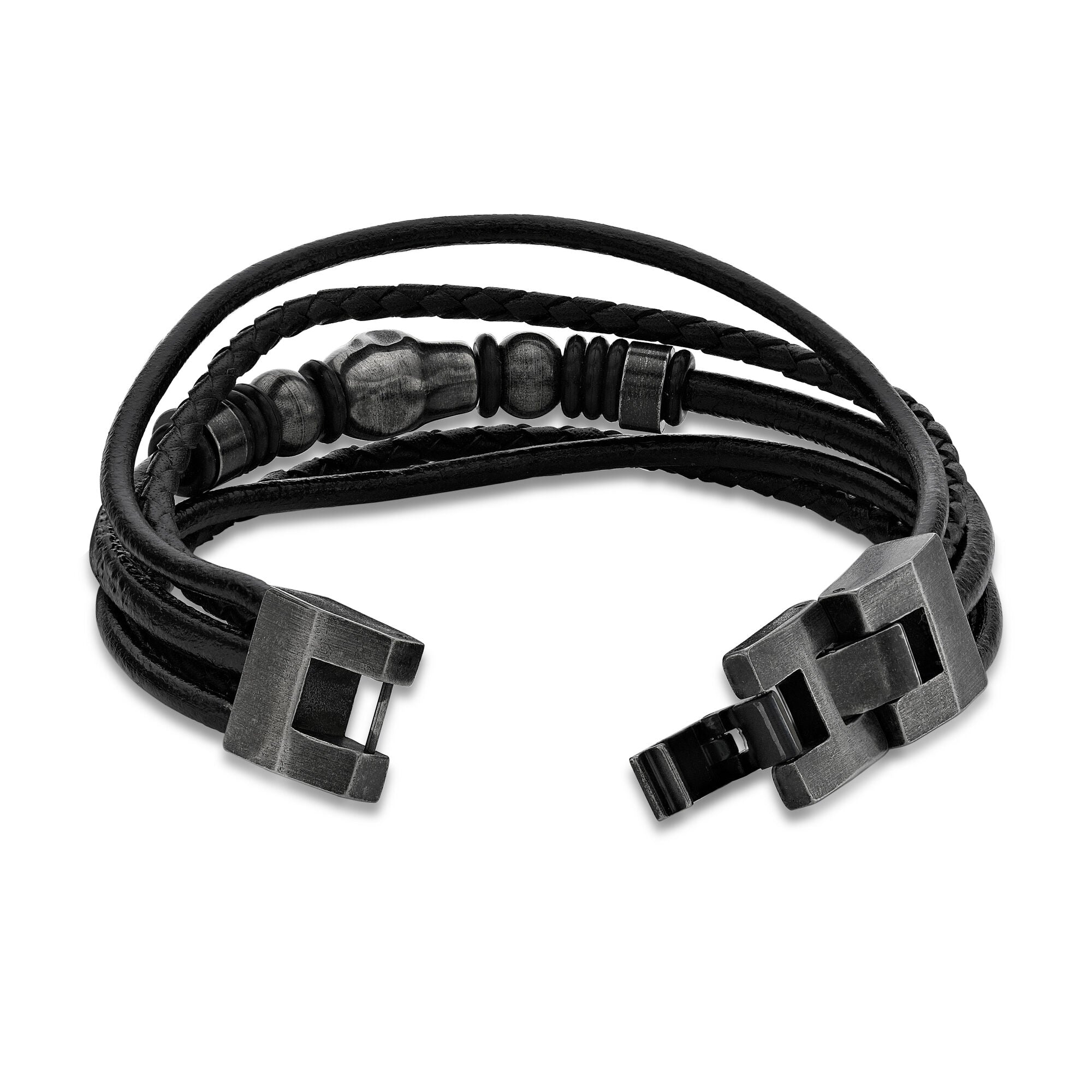 Multi-Strand Black Leather Skull Bracelet