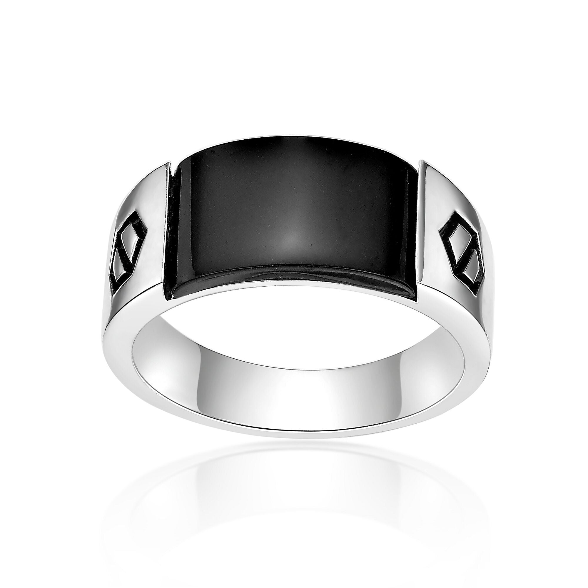 Sterling Silver Black Onyx Ring, Geometric Accents