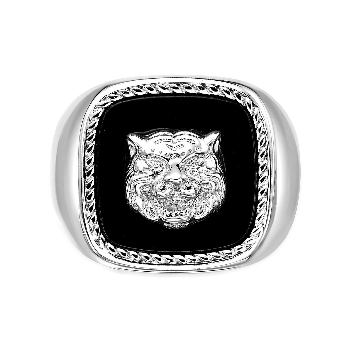 Lion's Head Statement Ring with Black Agate in Sterling Silver