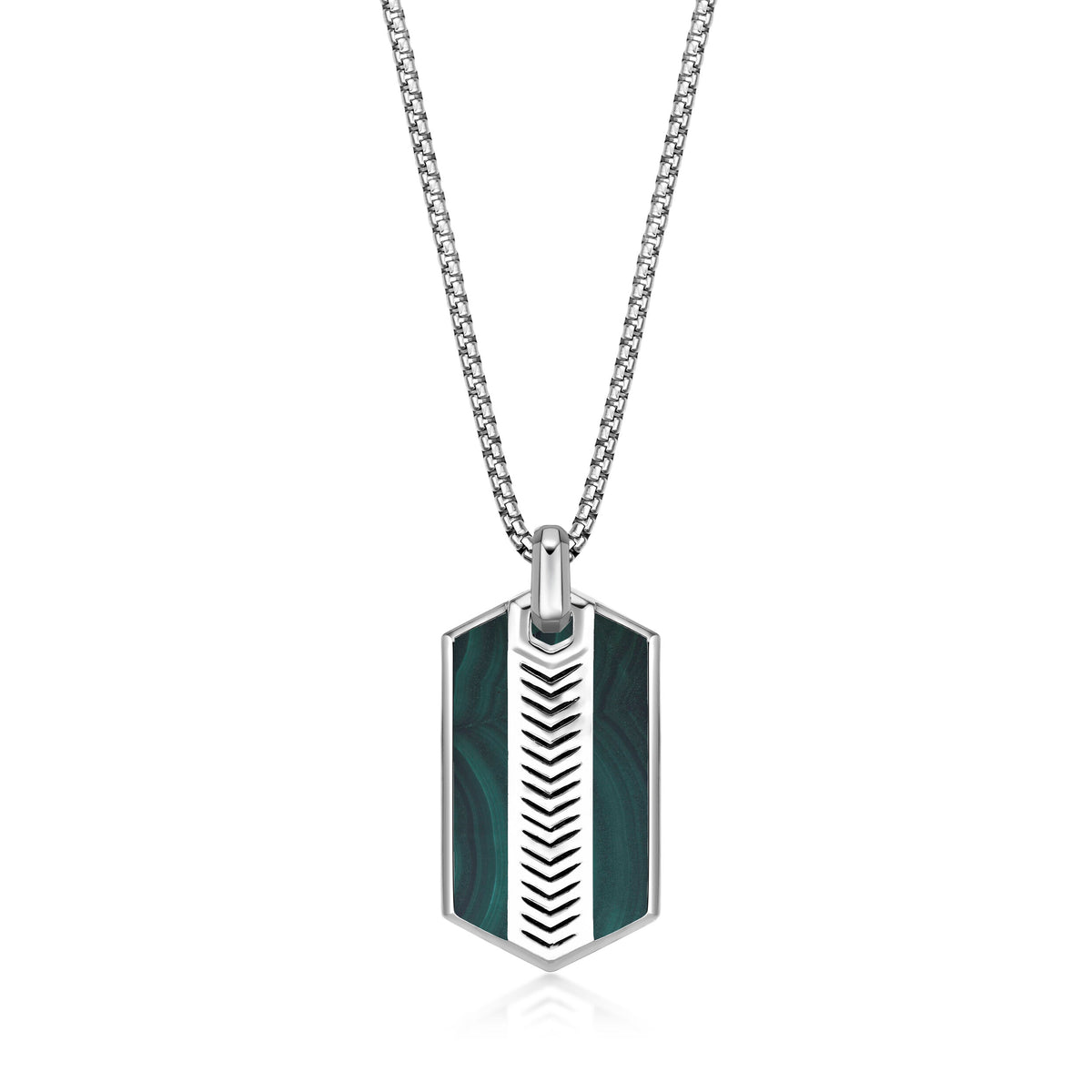 Chevron Malachite Dog Tag Pendant in Sterling Silver, 24"
