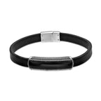 Black Leather Bracelet with Black Agate Bar in Sterling Silver, 8.5"