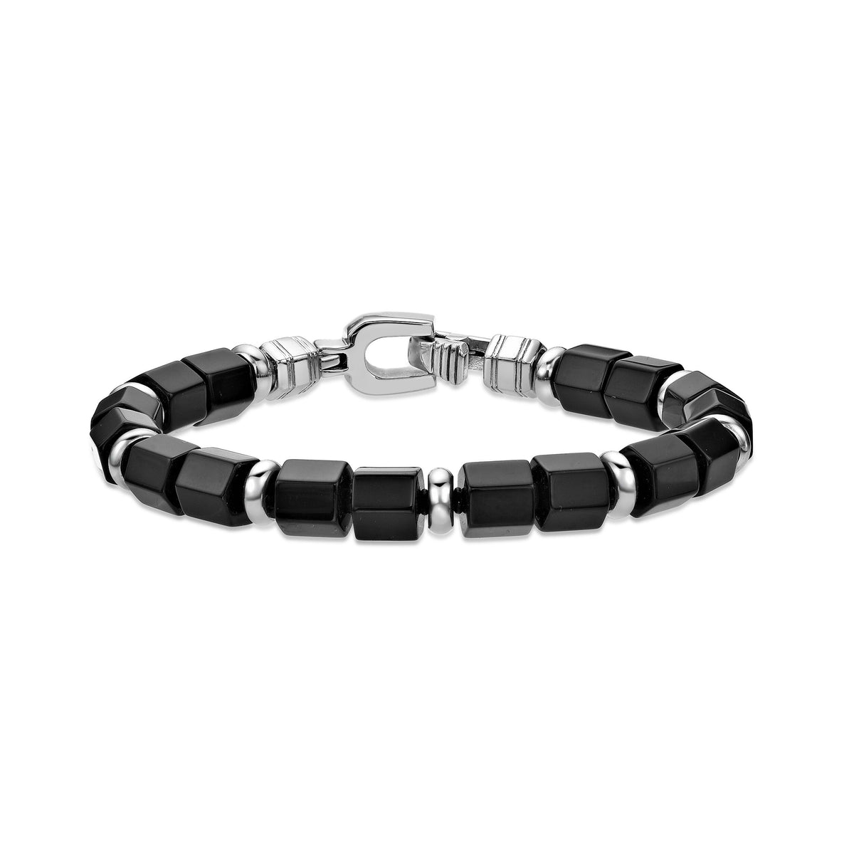Black Agate Hexagon Chunky Beaded Bracelet in Sterling Silver, 8"