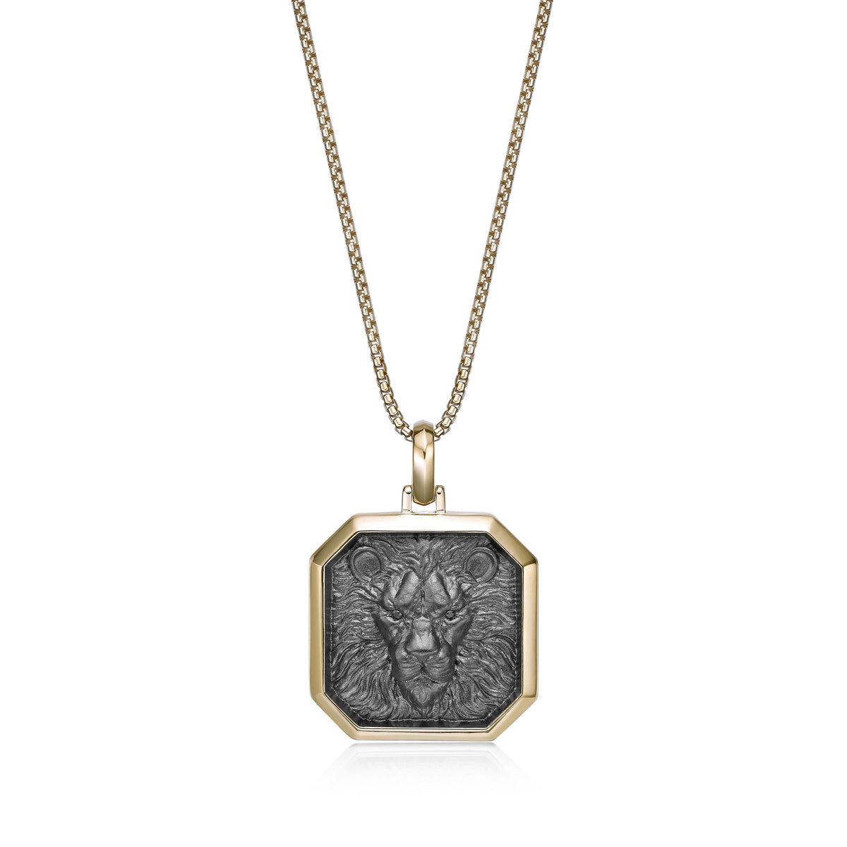 Lion's Head Medalion Pendant with 0.018 cttw Black Diamond in Yellow Gold Plated Sterling Silver, 24"
