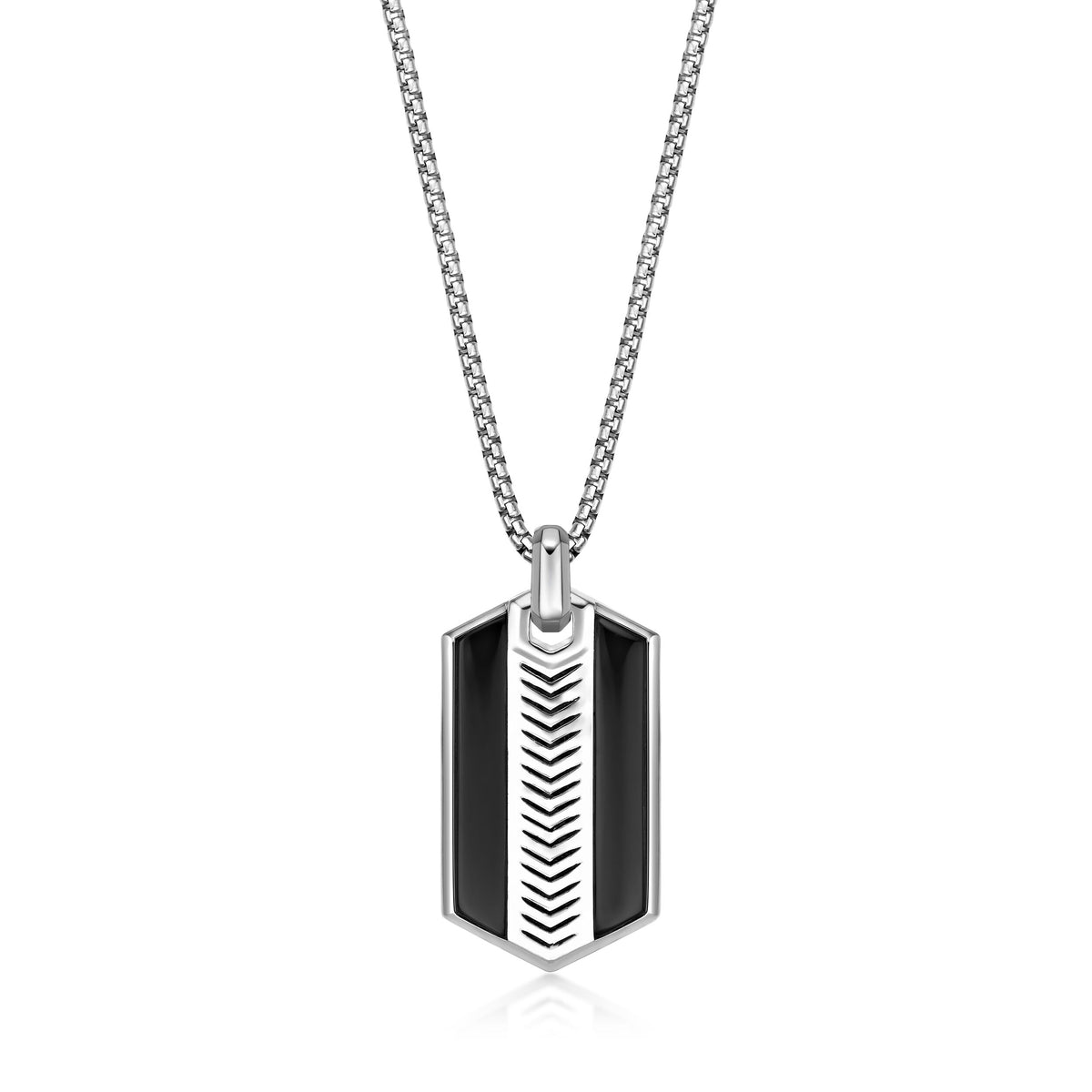 Chevron Black Onyx Dog Tag Pendant in Sterling Silver, 24"