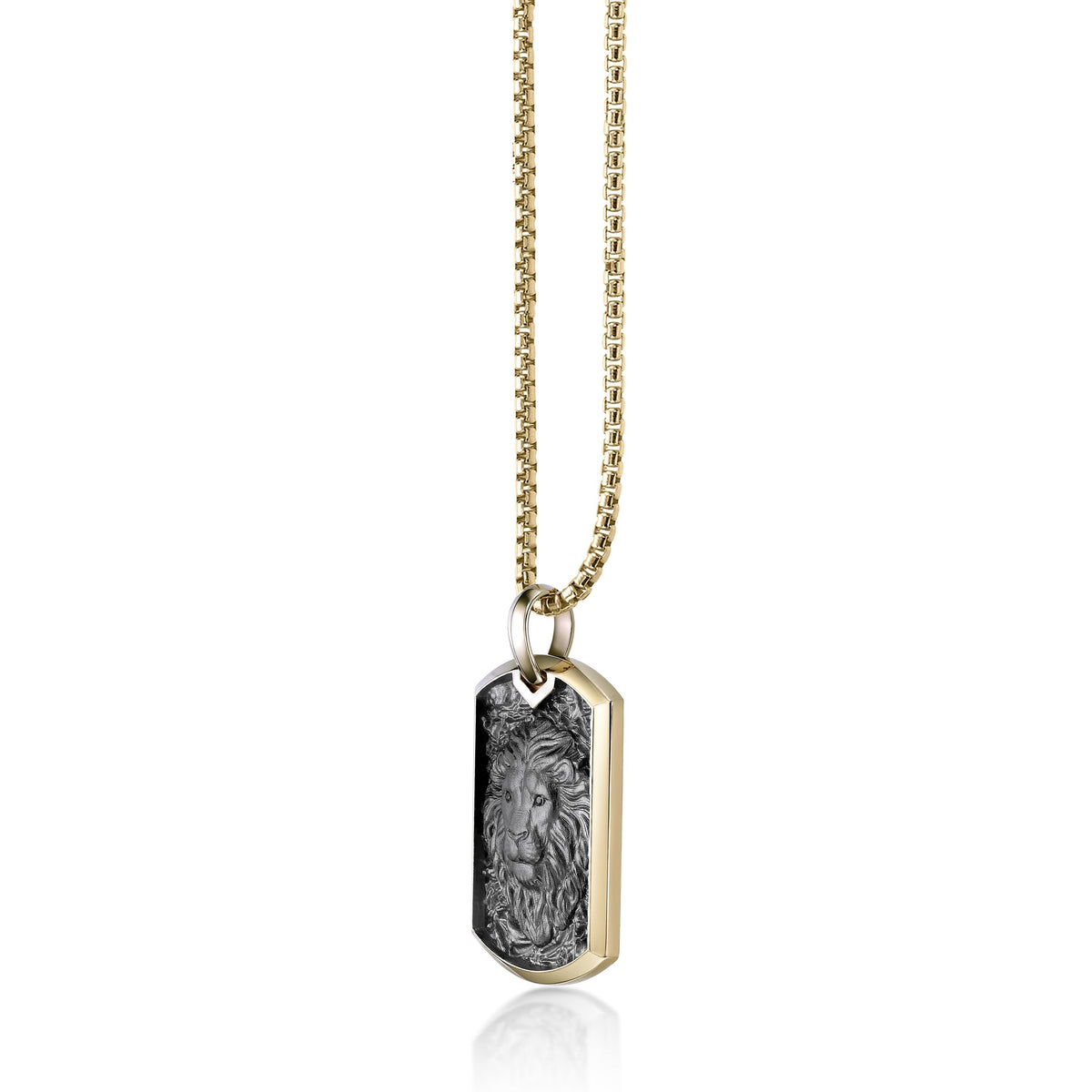 Lion's Head Dog Tag Pendant with 0.018 cttw Black Diamonds in Yellow Gold Plated Sterling Silver, 24"