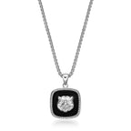 Lion's Head Medalion Pendant with Black Agate in Sterling Silver, 24"