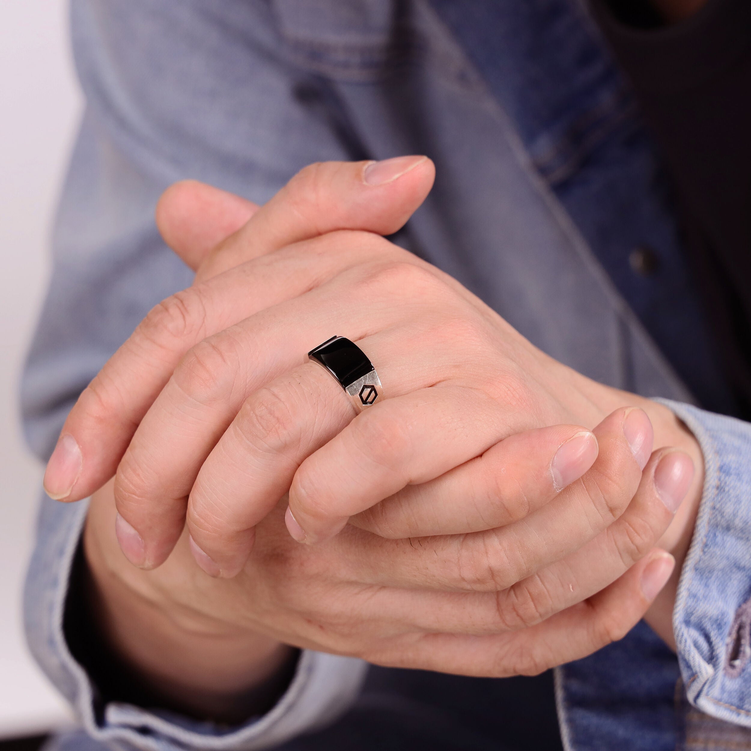 Sterling Silver Black Onyx Ring, Geometric Accents