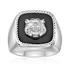 Lion's Head Statement Ring with Black Agate in Sterling Silver