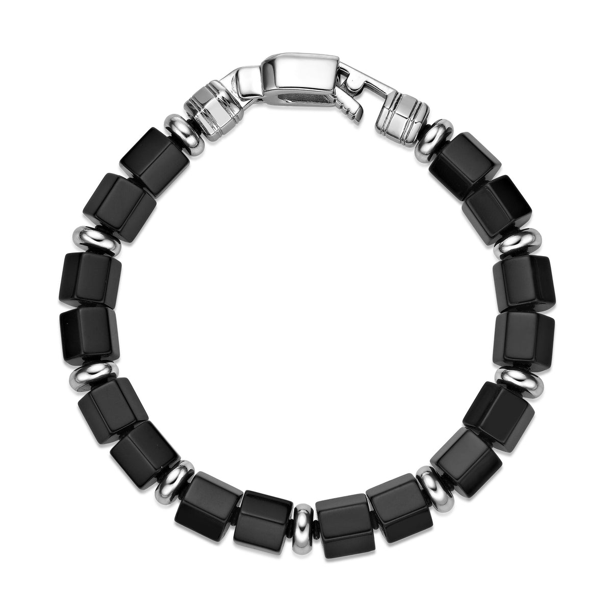 Black Agate Hexagon Chunky Beaded Bracelet in Sterling Silver, 8"