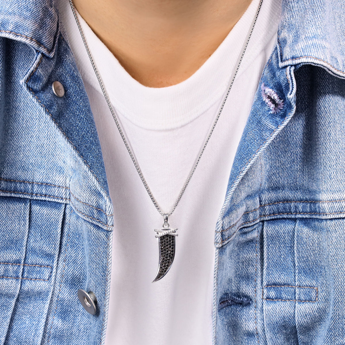 Black Spinel Fang Pendant in Sterling Silver, 24"