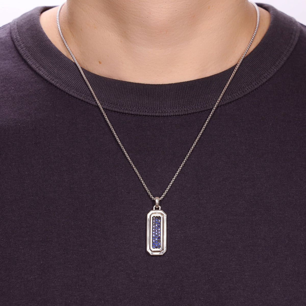 Reversible Lapis Lazuli and Created Sapphire Dog Tag Pendant in Sterling Silver, 24"