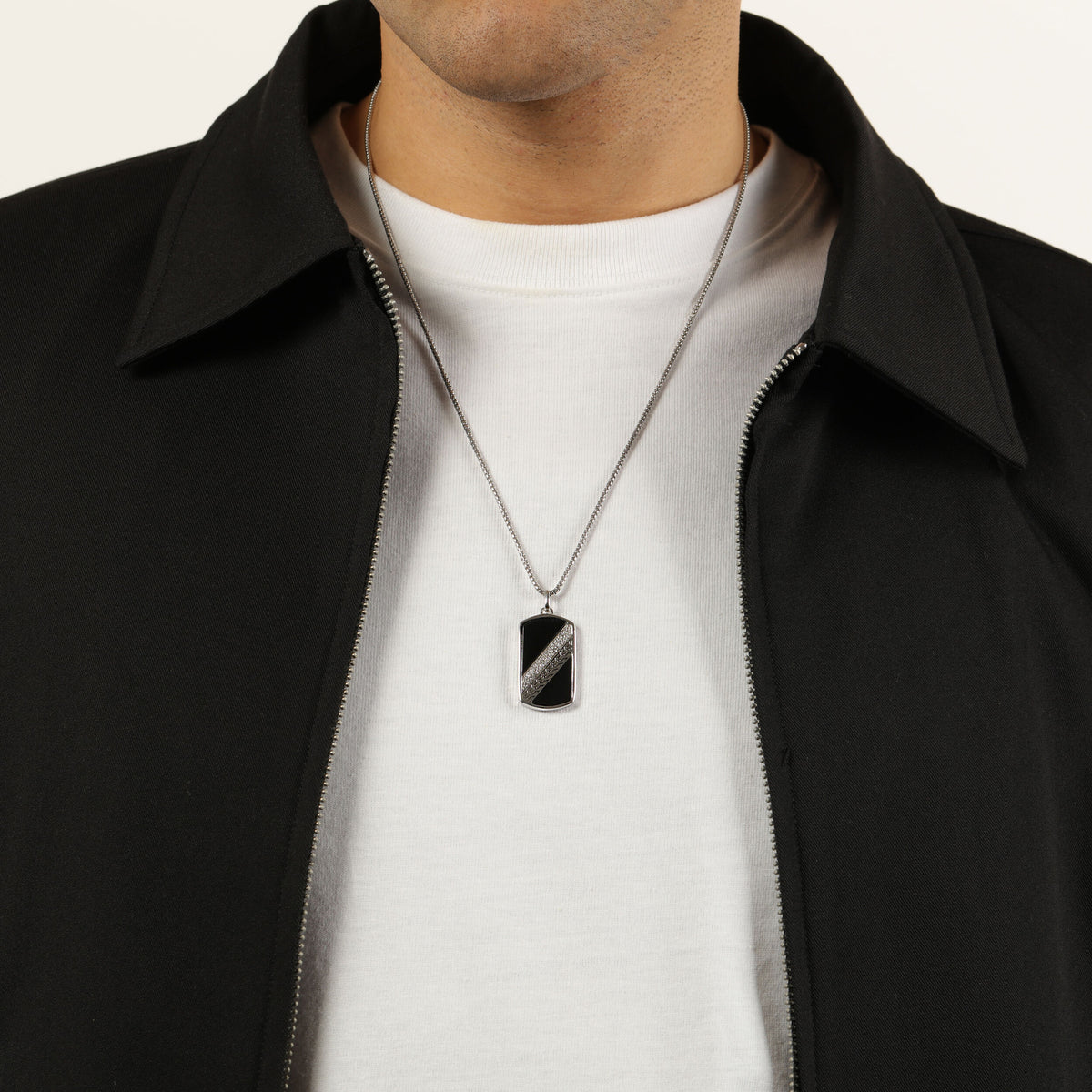 Black Onyx Dog Tag Pendant with 0.25 Natural Diamond cttw in Sterling Silver, 24"