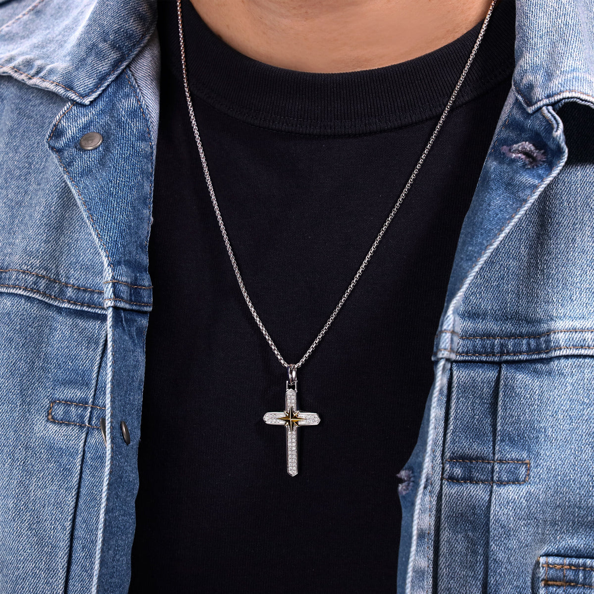 0.49 cttw Natural Diamond Cross Pendant in Sterling Silver, 24" 