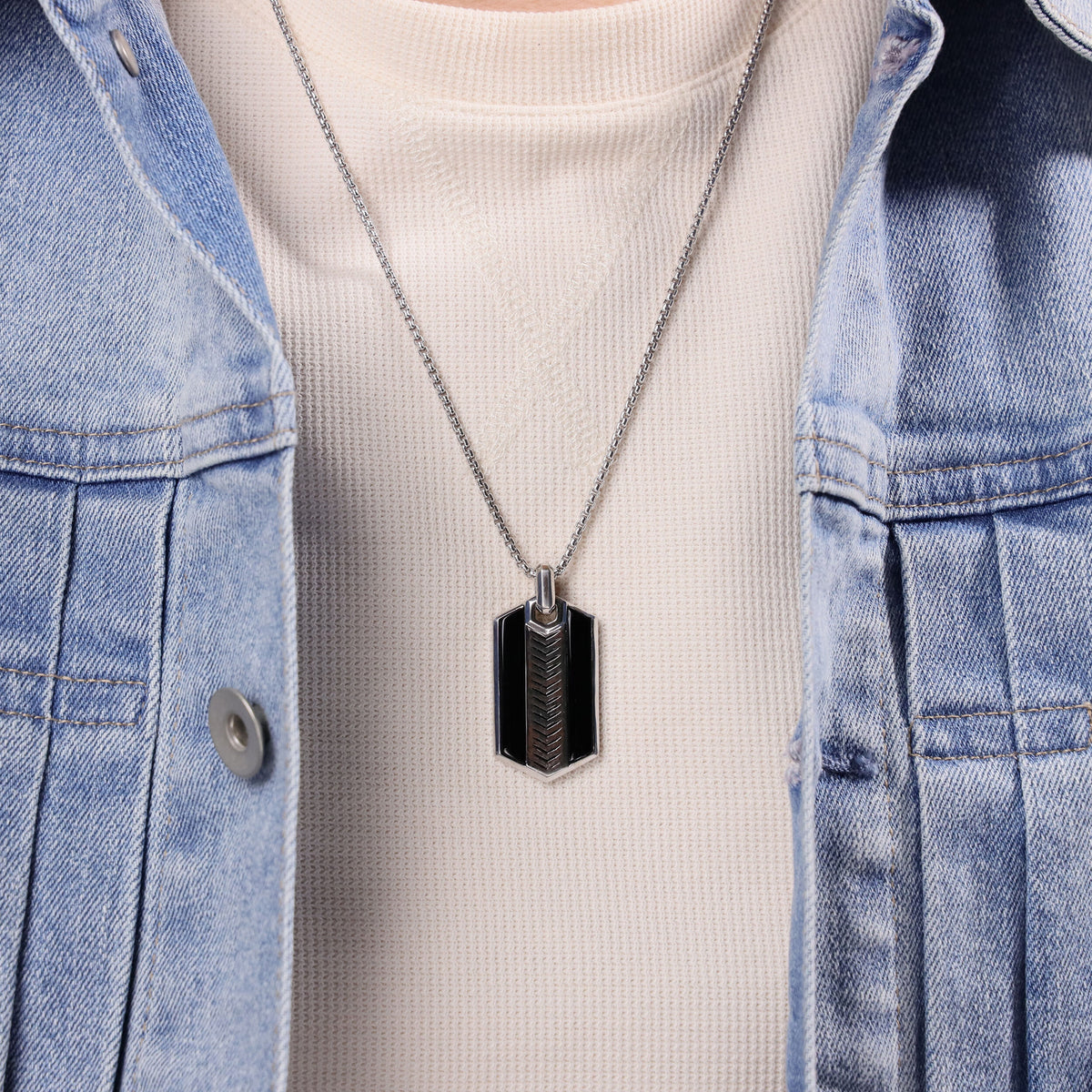Chevron Black Onyx Dog Tag Pendant in Sterling Silver, 24"