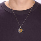 Tiger Eye and Black Agate Medalion Pendant in Sterling Silver, 24"