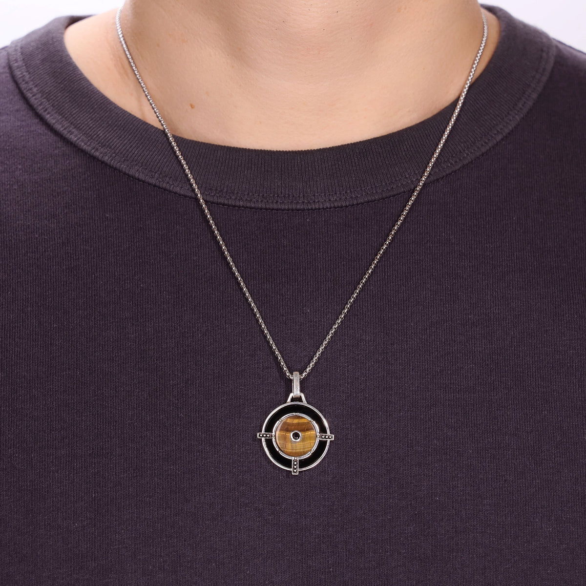 Tiger Eye and Black Agate Medalion Pendant in Sterling Silver, 24"