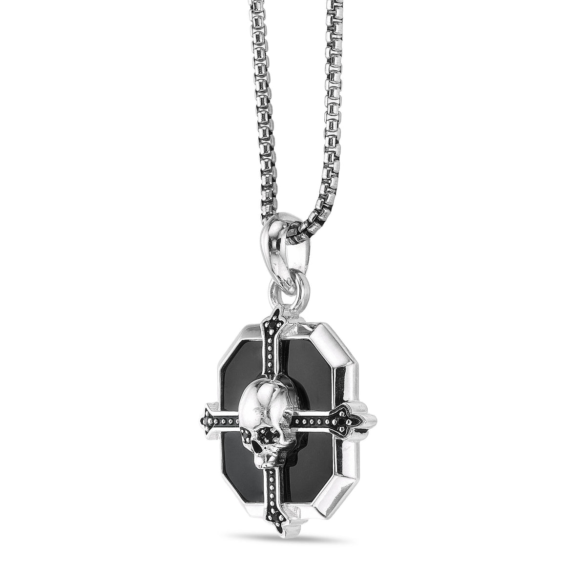 Cross Medalion Skull Pendant in Sterling Silver and Black Onyx, 24"
