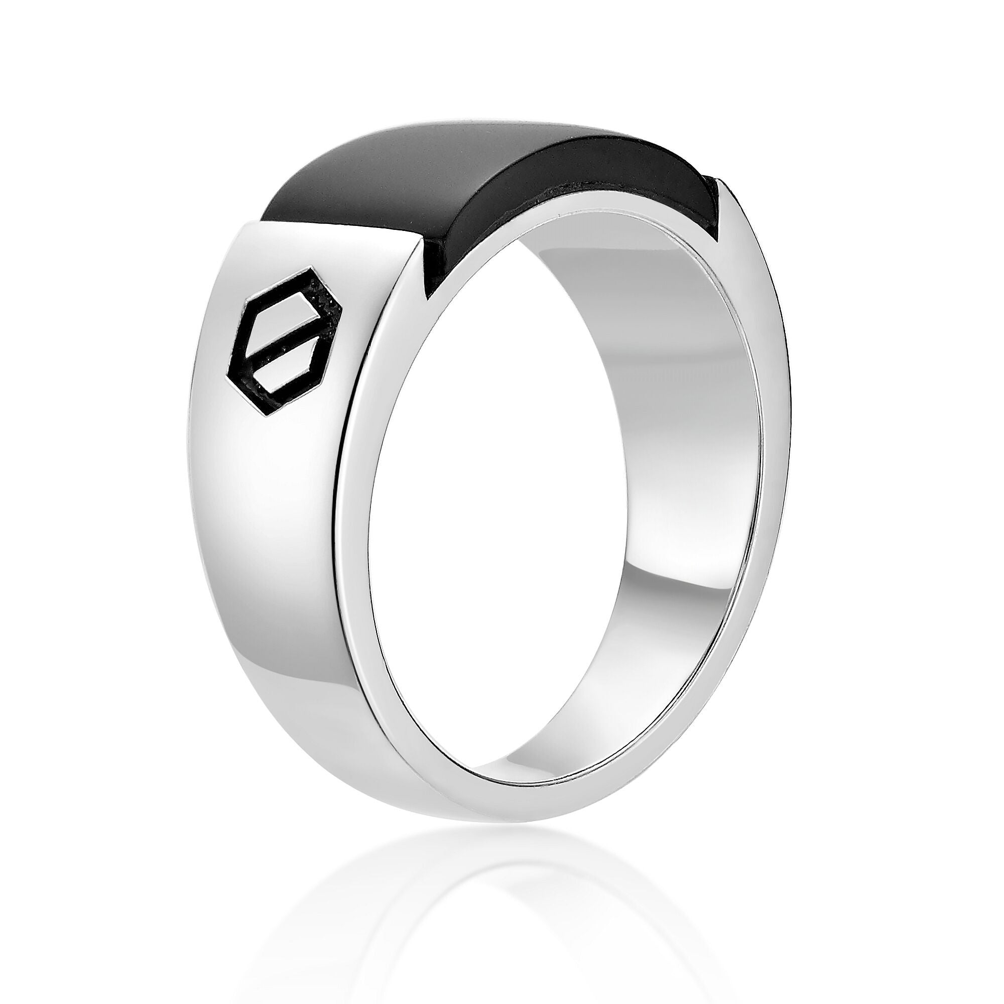 Sterling Silver Black Onyx Ring, Geometric Accents