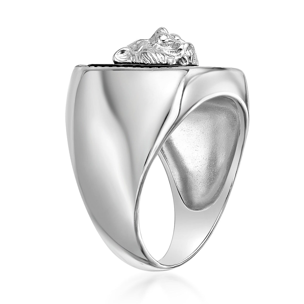 Lion's Head Statement Ring with Black Agate in Sterling Silver