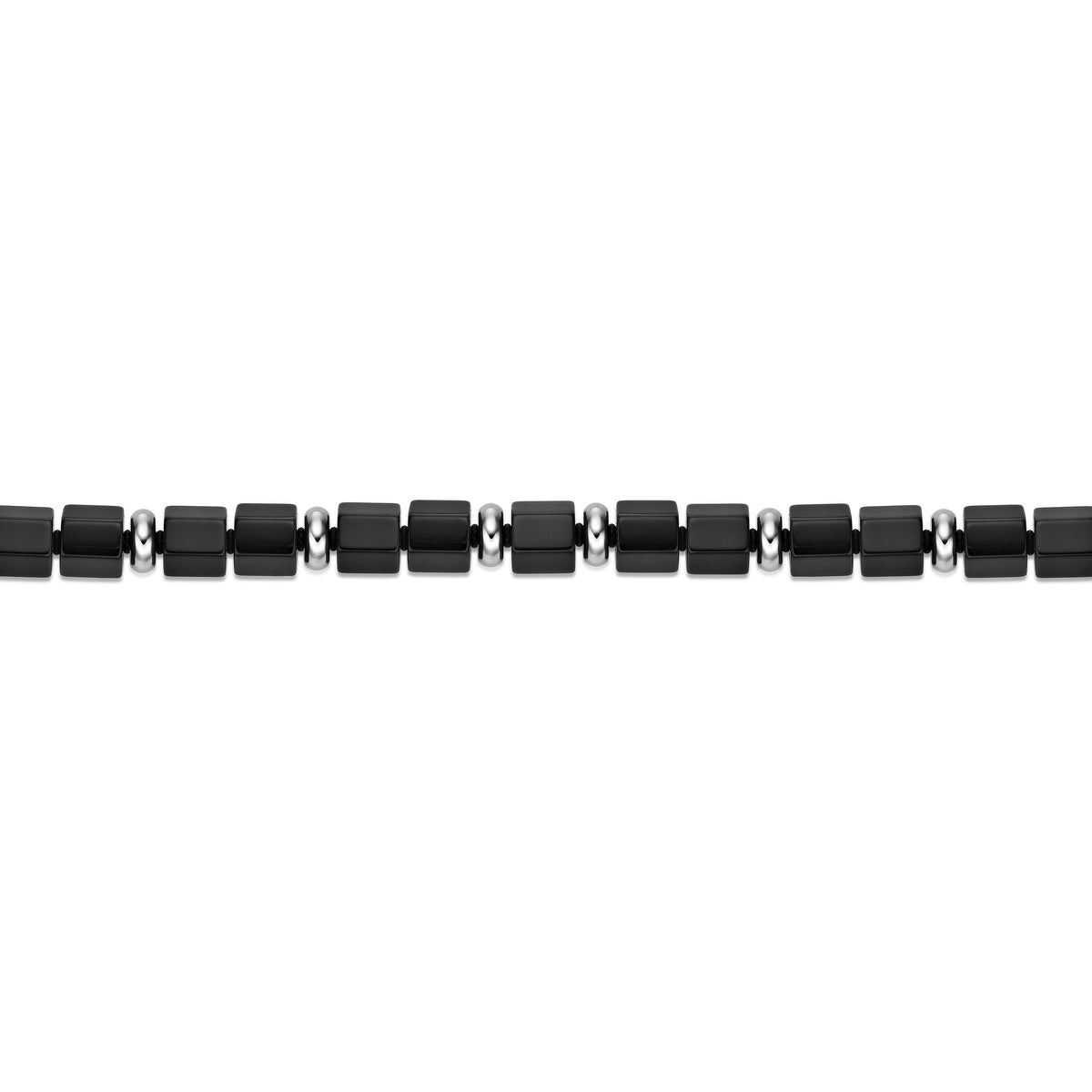 Black Agate Hexagon Chunky Beaded Bracelet in Sterling Silver, 8"
