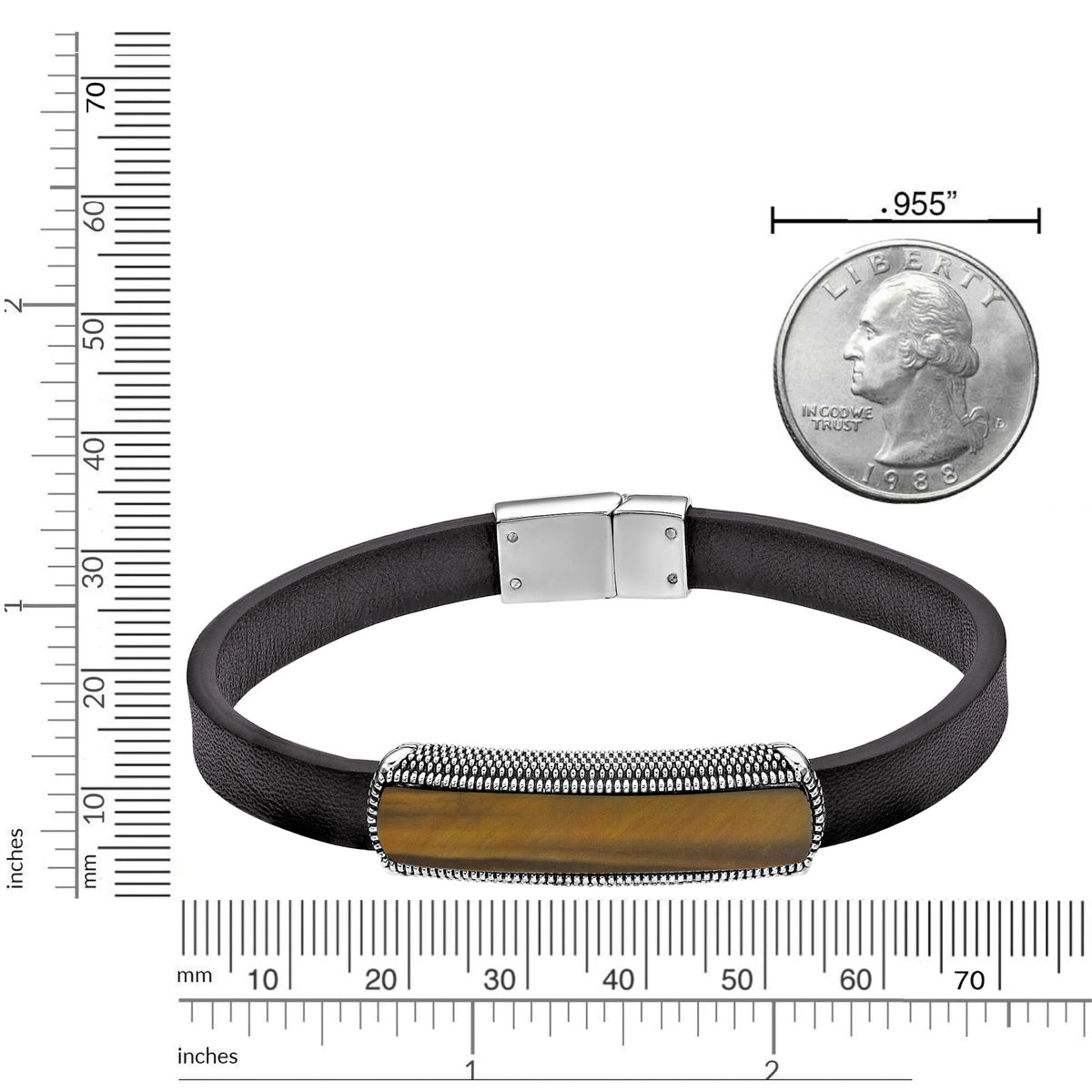 Brown Leather Bracelet with Tiger Eye Bar in Sterling Silver, 8.5"