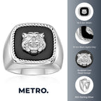 Lion's Head Statement Ring with Black Agate in Sterling Silver