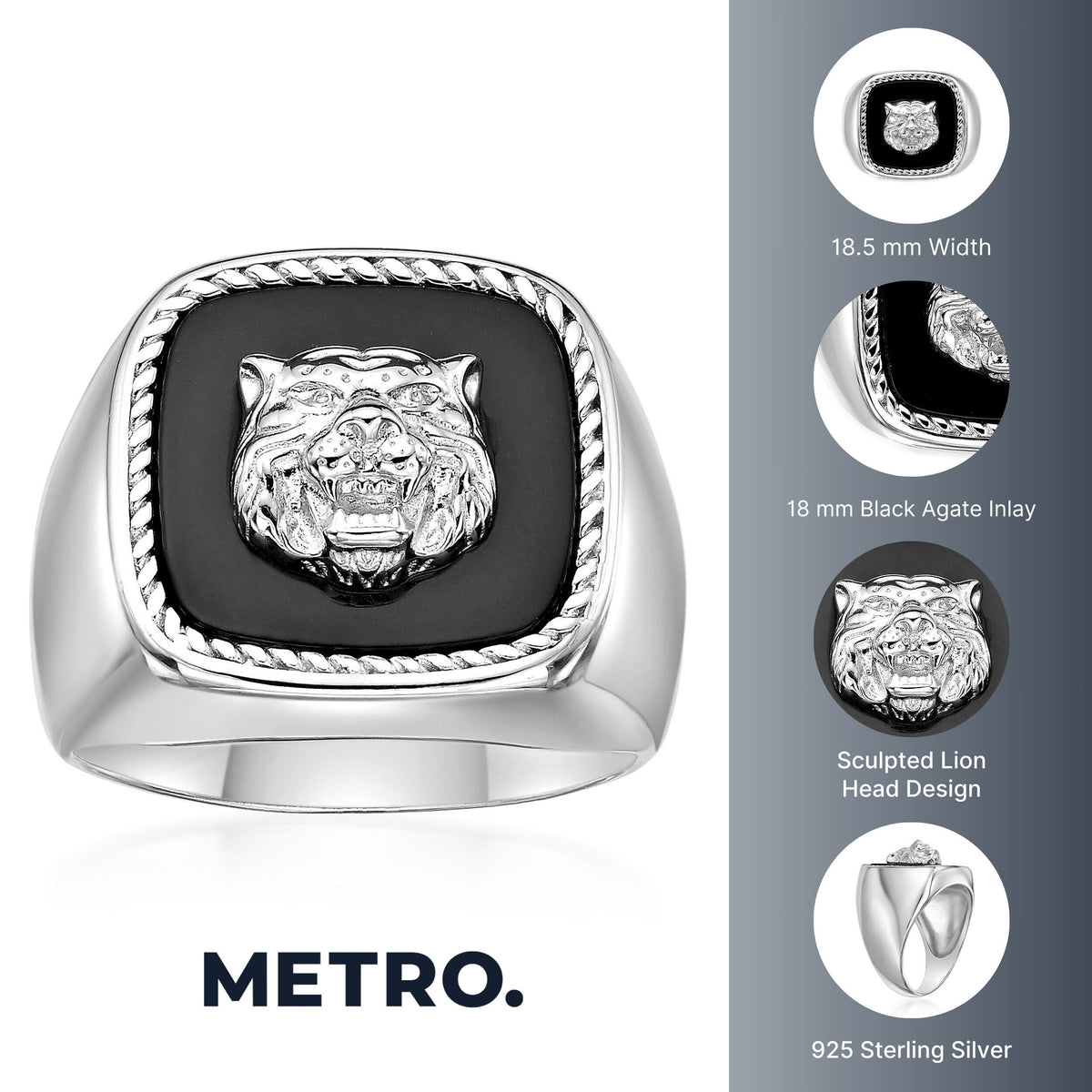 Lion's Head Statement Ring with Black Agate in Sterling Silver