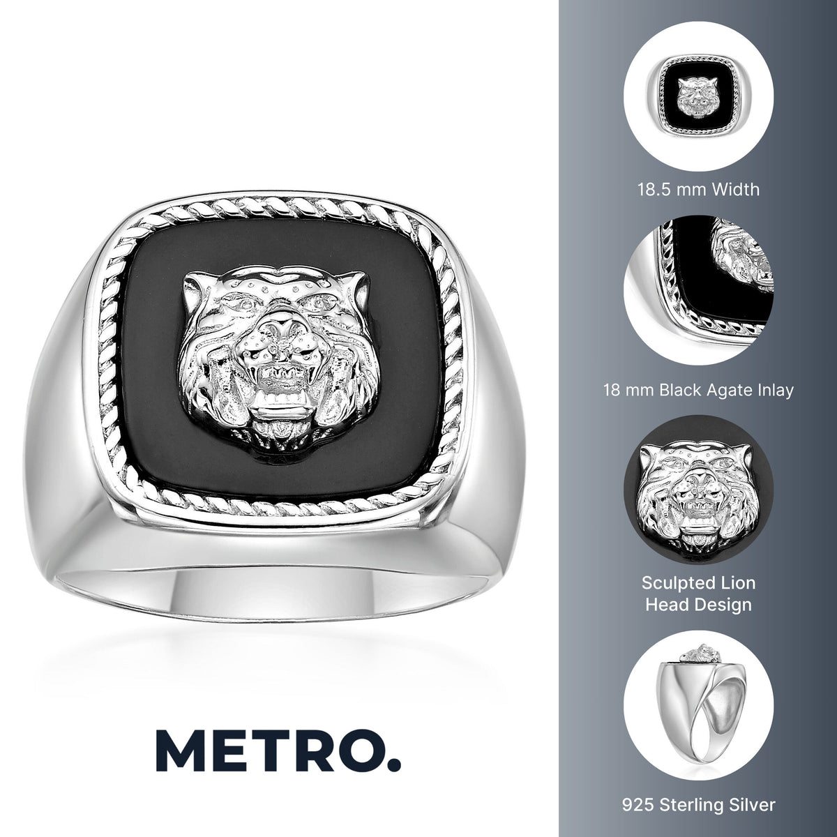 Lion's Head Statement Ring with Black Agate in Sterling Silver