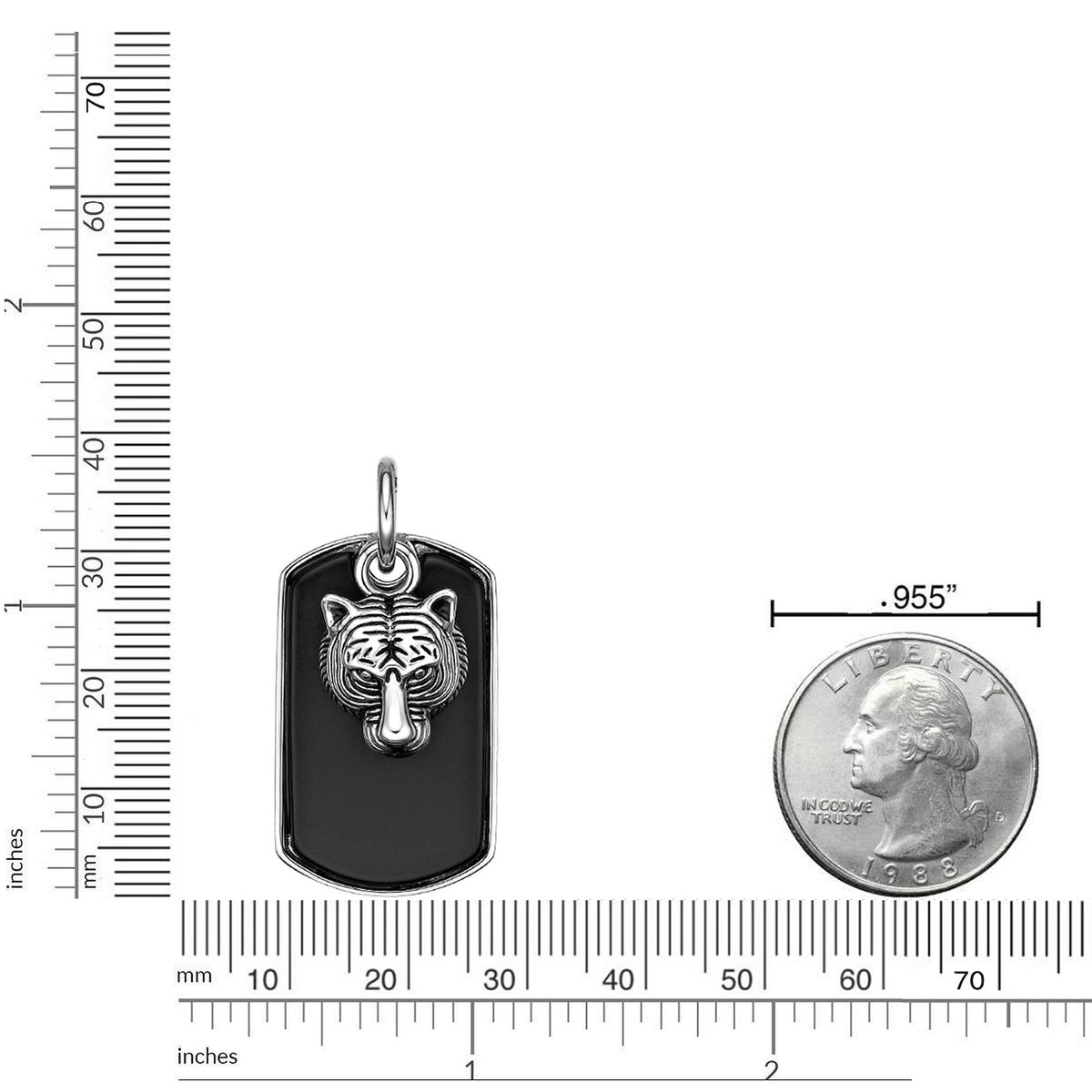 Tigetr's Head Black Agate Dog Tag Pendant in Sterling Silver, 24"