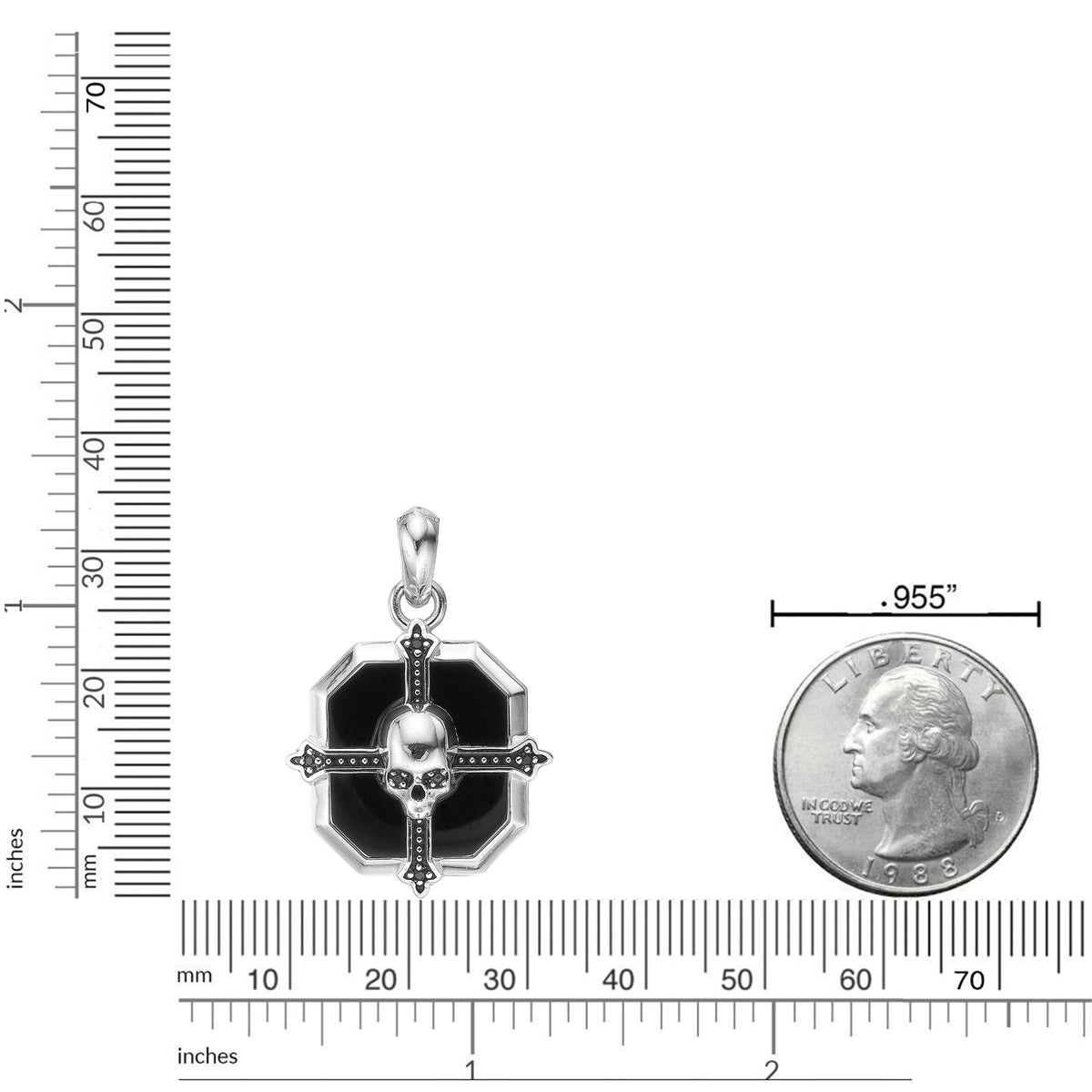 Cross Medalion Skull Pendant in Sterling Silver and Black Onyx, 24"