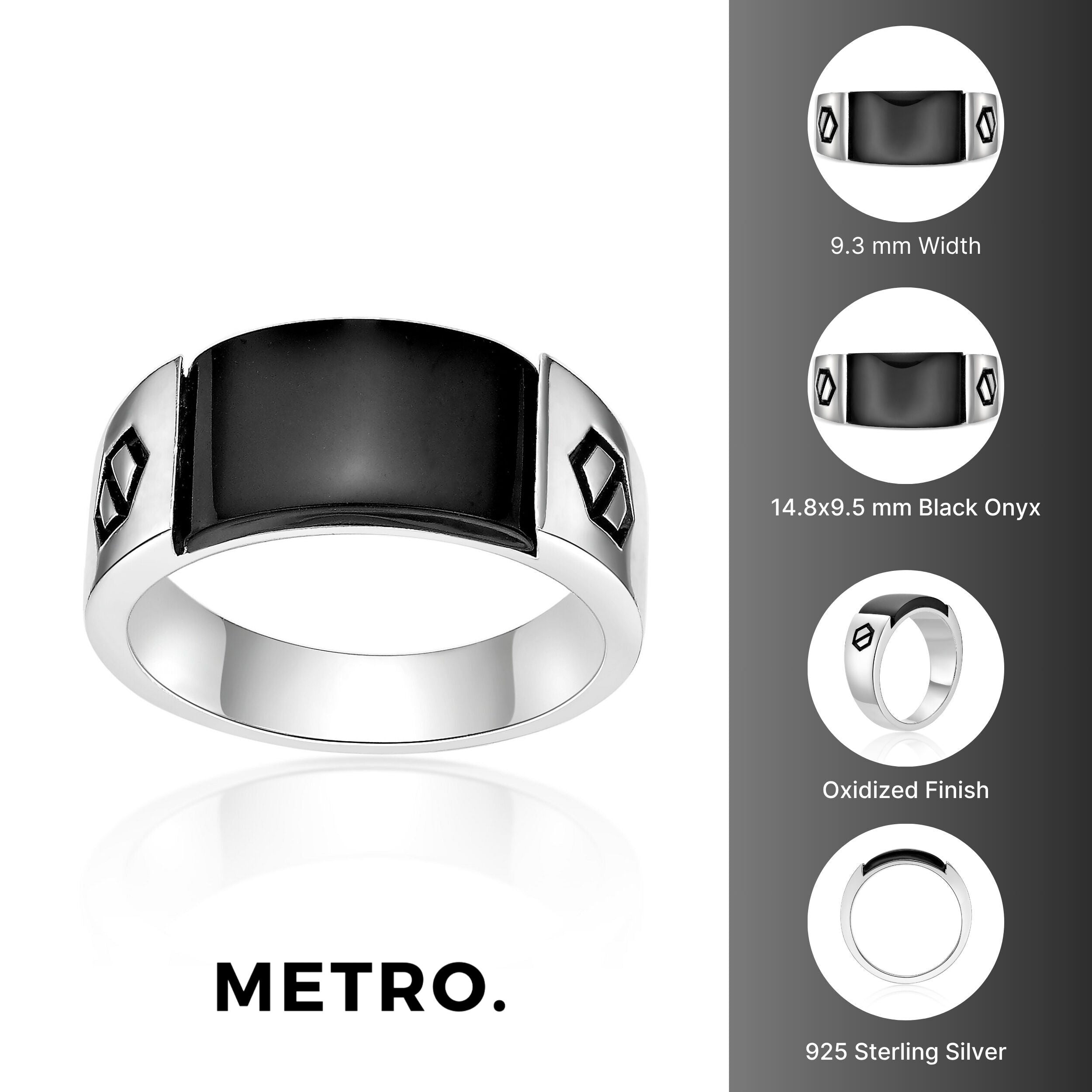Sterling Silver Black Onyx Ring, Geometric Accents
