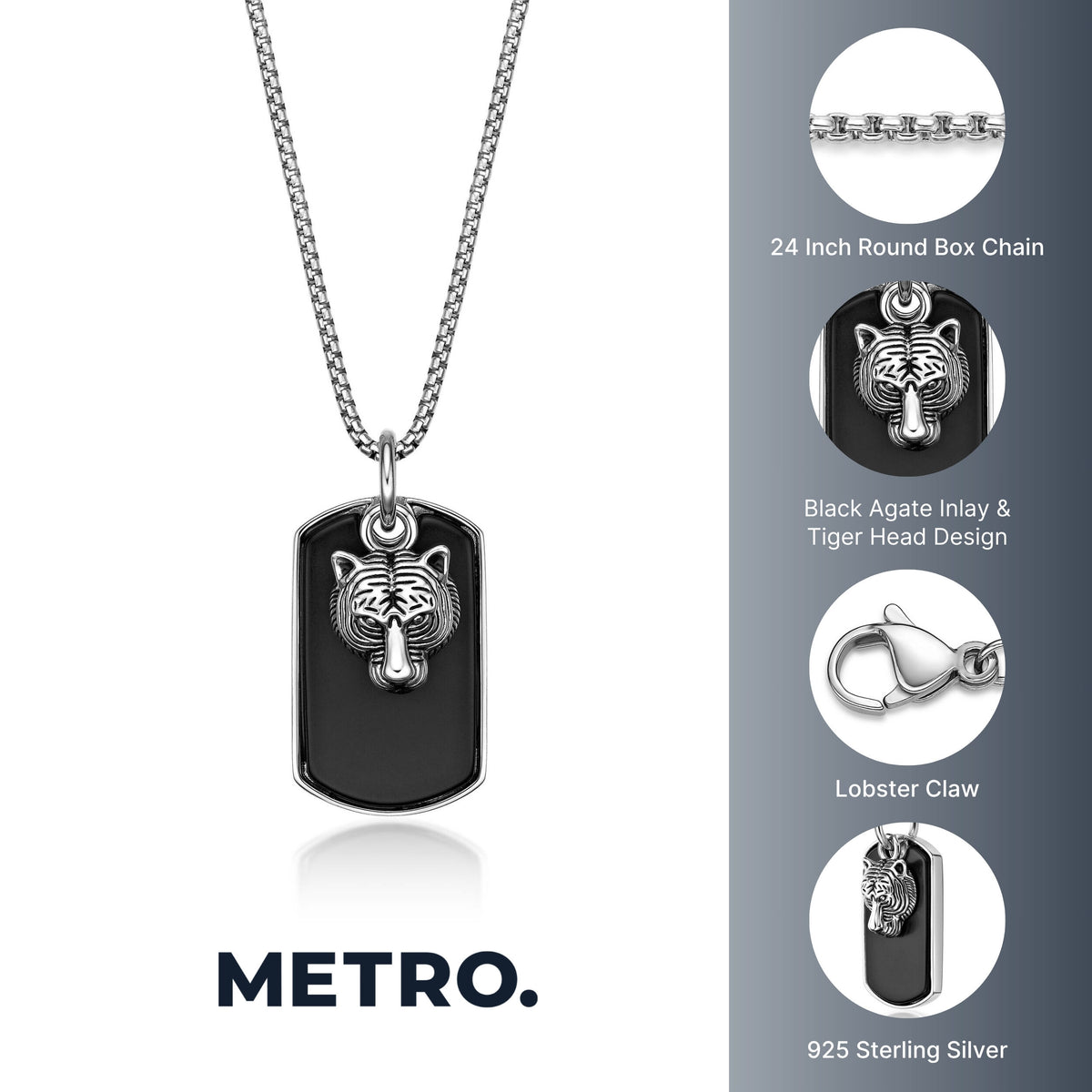 Tigetr's Head Black Agate Dog Tag Pendant in Sterling Silver, 24"