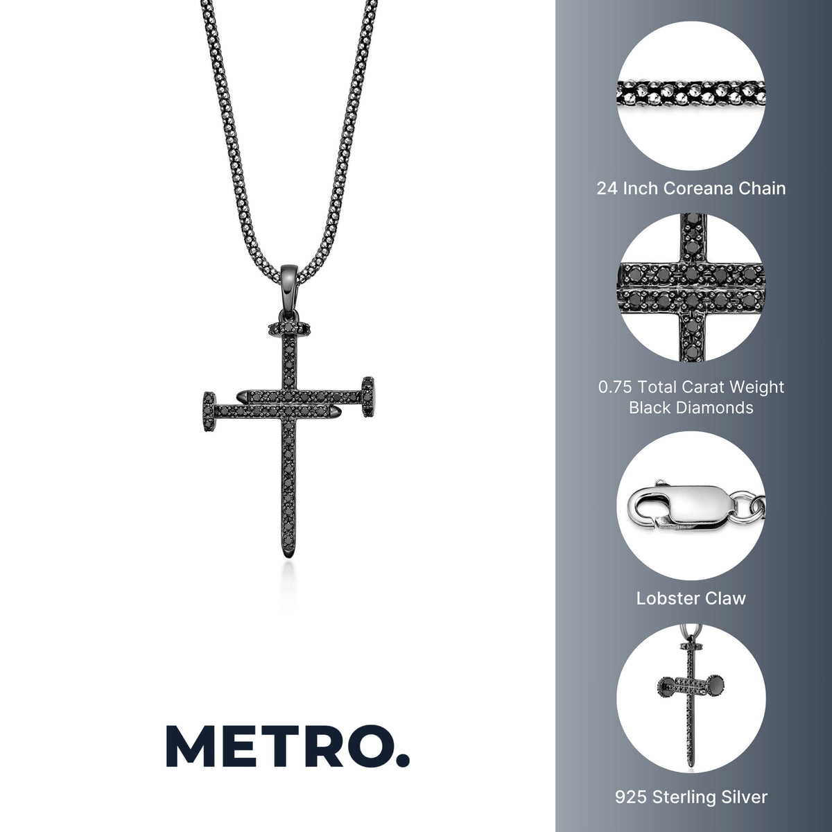 0.75 cttw Black Diamond Nail Cross Pendant in Sterling Silver, 24"
