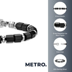 Black Agate Hexagon Chunky Beaded Bracelet in Sterling Silver, 8"