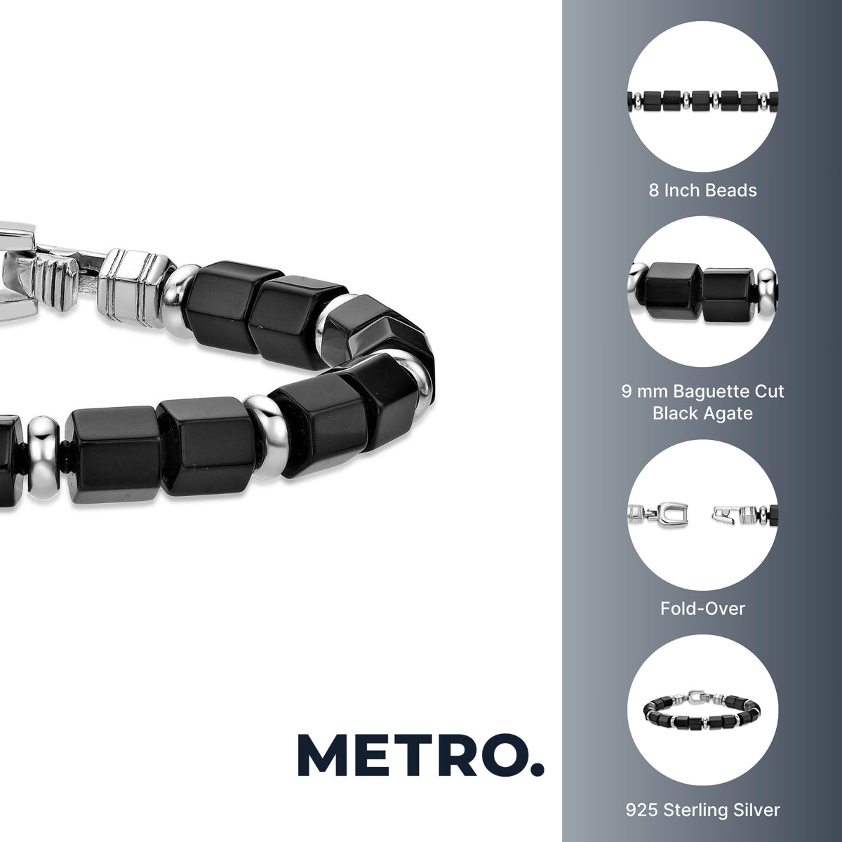 Black Agate Hexagon Chunky Beaded Bracelet in Sterling Silver, 8"