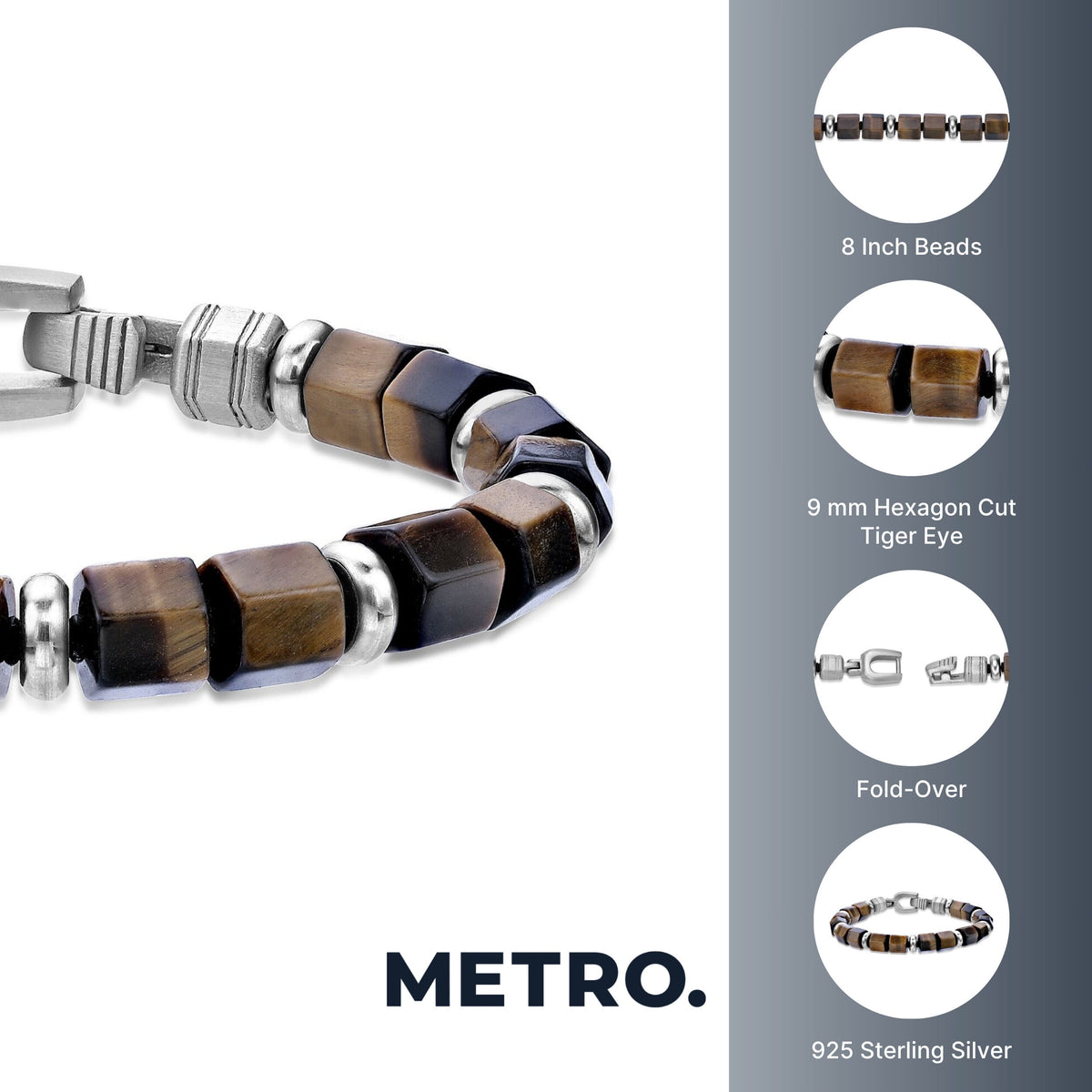 Tiger Eye Hexagon Chunky Beaded Bracelet in Sterling Silver, 8"