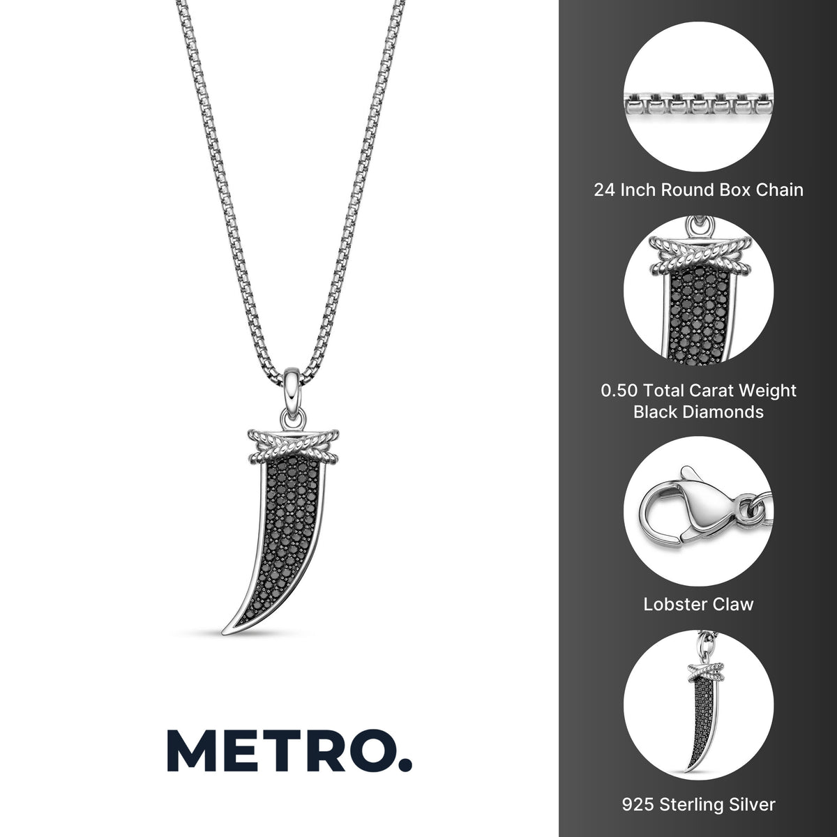 0.50 cttw Black Diamond Fang Pendant in Sterling Silver, 24"