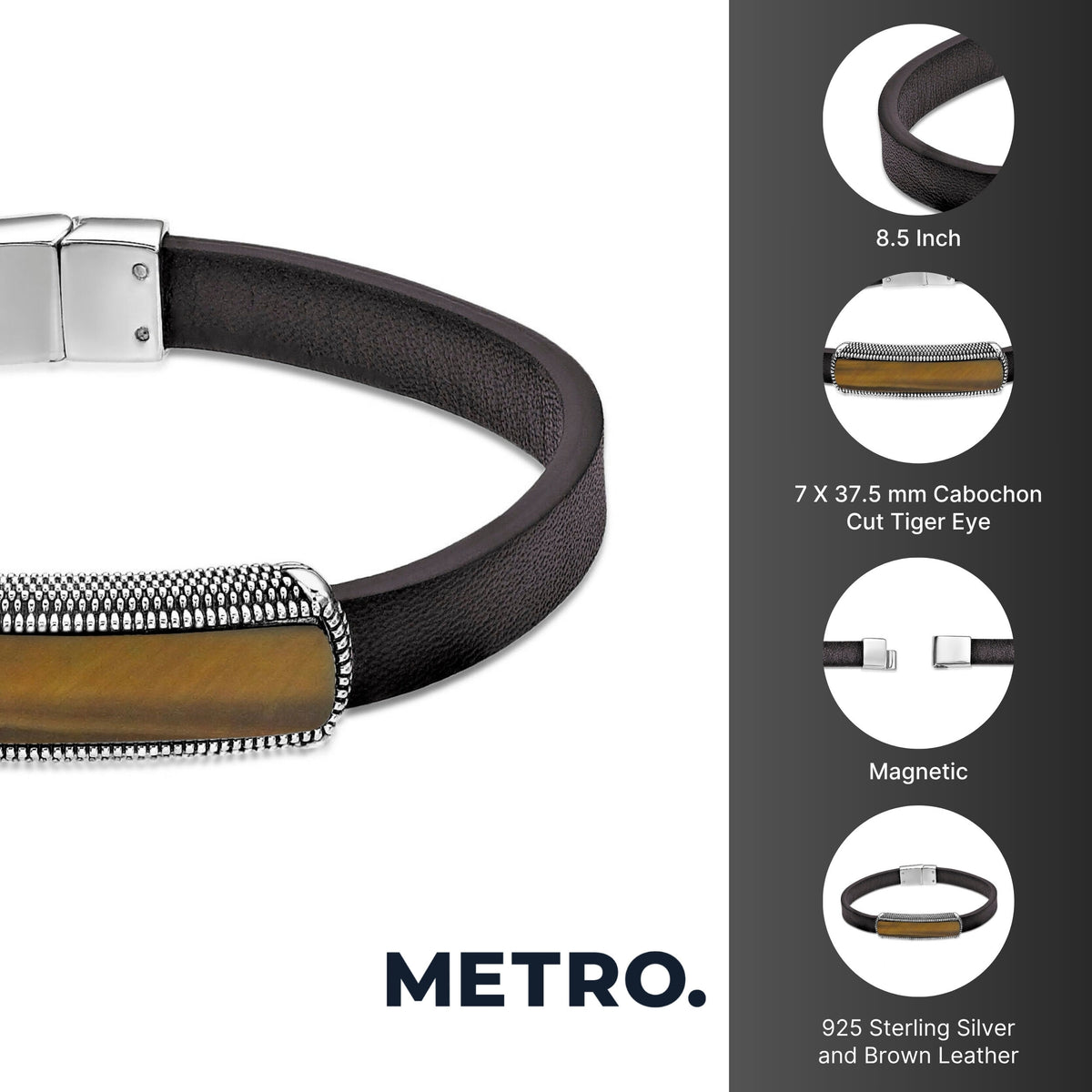 Brown Leather Bracelet with Tiger Eye Bar in Sterling Silver, 8.5"