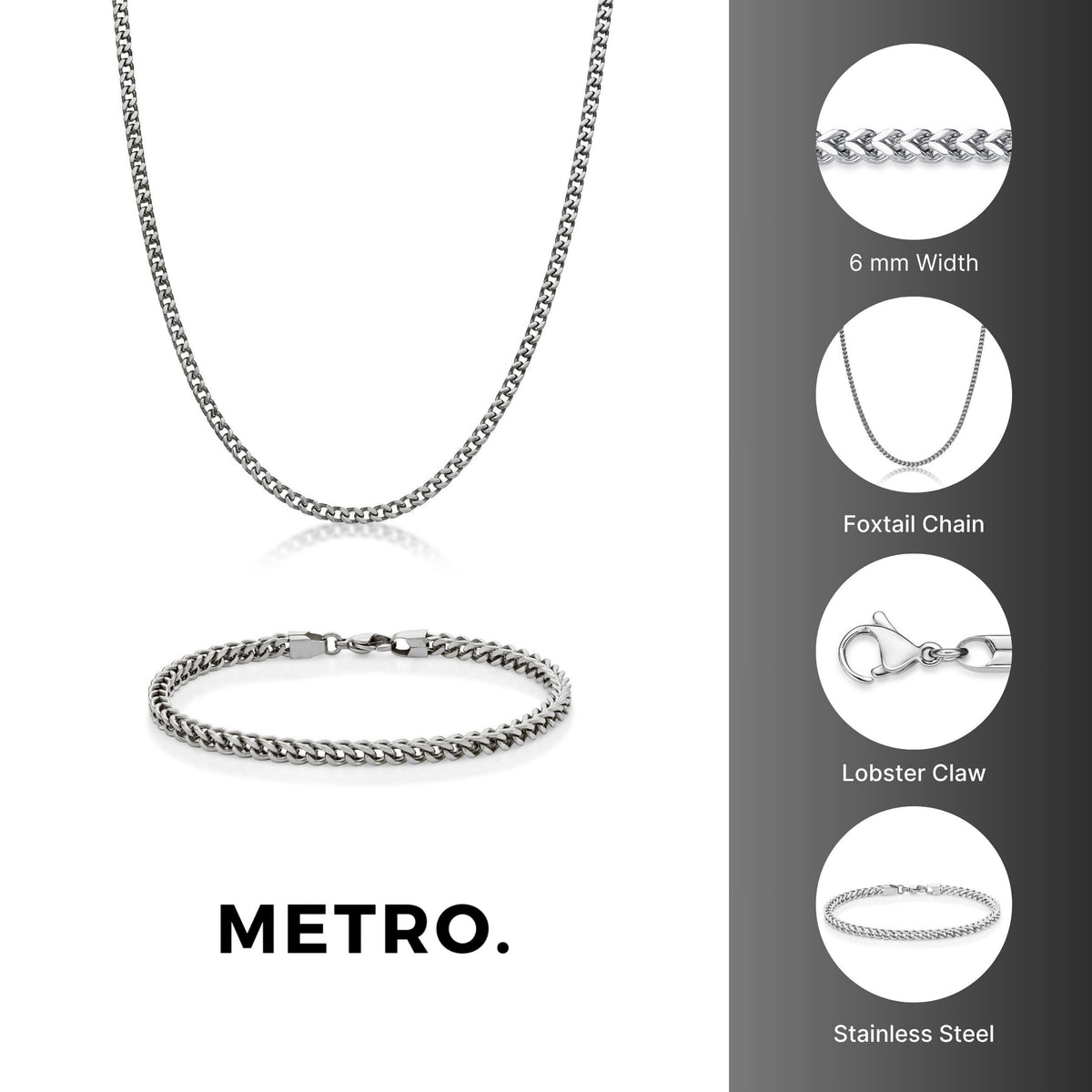 Thin Foxtail Chain Gift Set in Stainless Steel, 22"