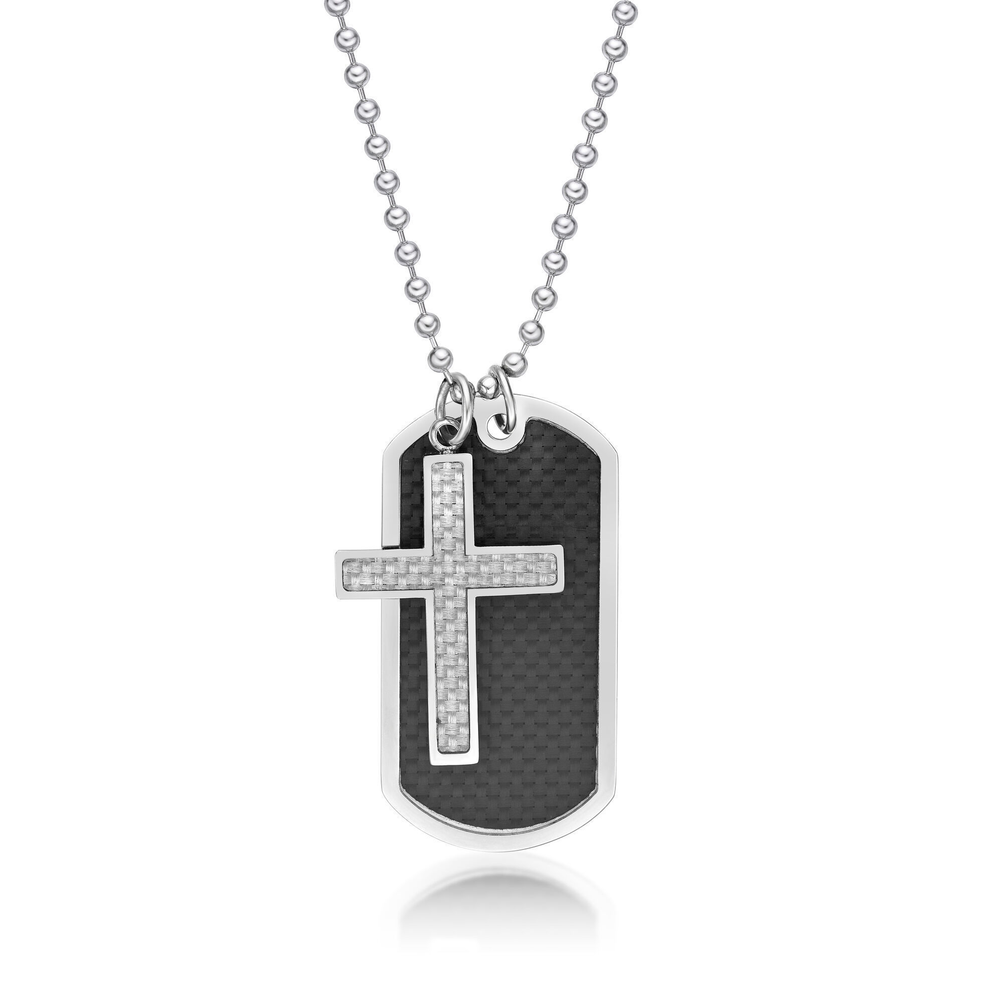 Stainless Steel Carbon Fiber Cross Dog Tag Pendant - 24 Inch Ball Chain | Metro Jewelry