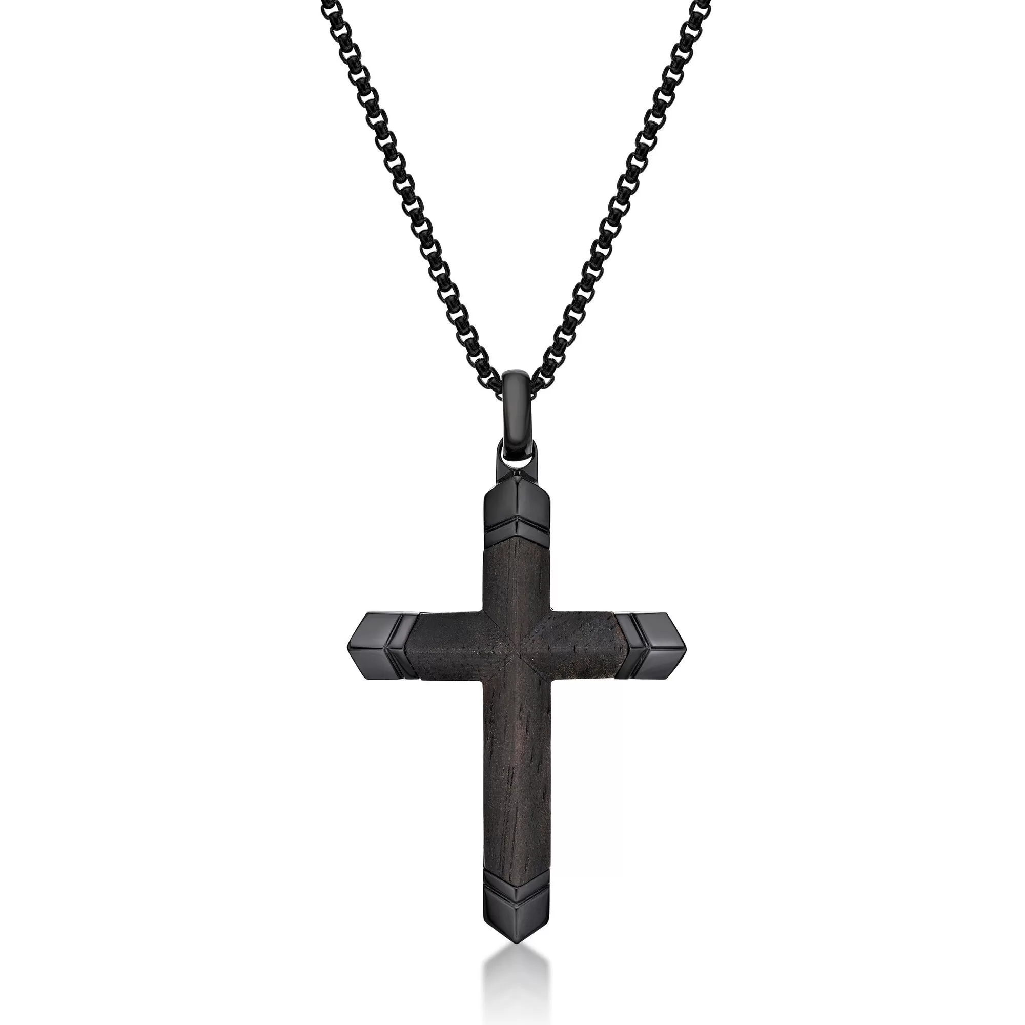 Men's Black Ion Plated Stainless Steel Ebony Wood Cross Pendant - 24 Inch Round Box Chain | Metro Jewelry