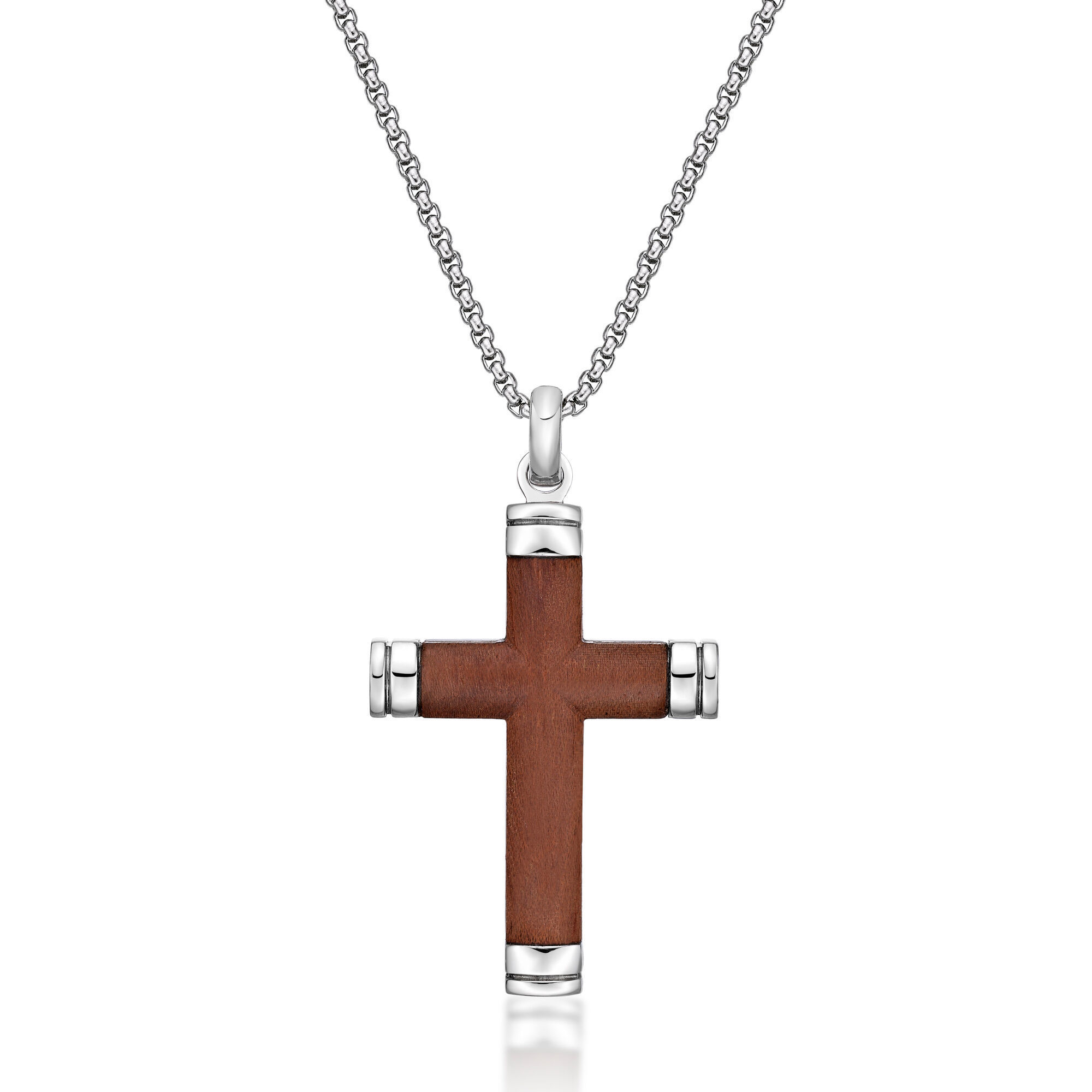 Stainless Steel Modern Cross Pendant - 24 Inch Round Box Chain | Metro Jewelry