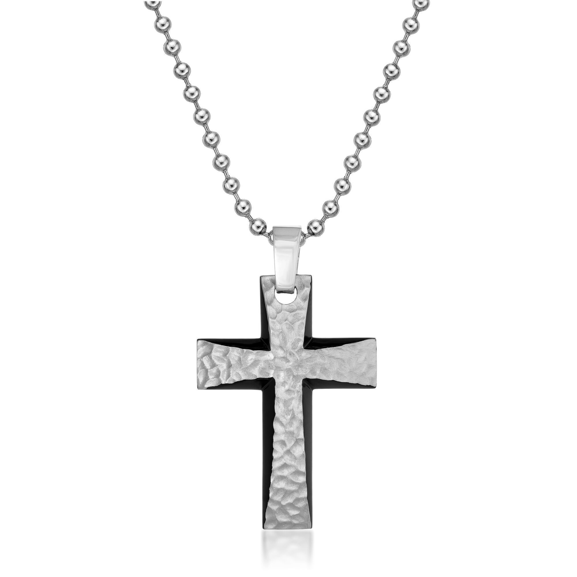 Men's Black Ion Plated Stainless Steel Hammered Cross Pendant - 24 Inch Ball Chain | Metro Jewelry