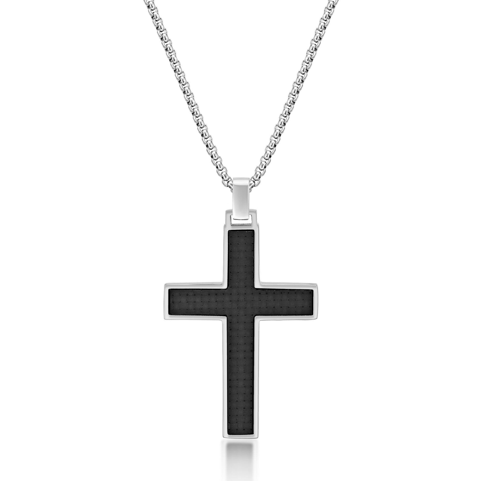 Stainless Steel Timeless Carbon Fiber Cross Pendant - 24 Inch Round Box Chain | Metro Jewelry