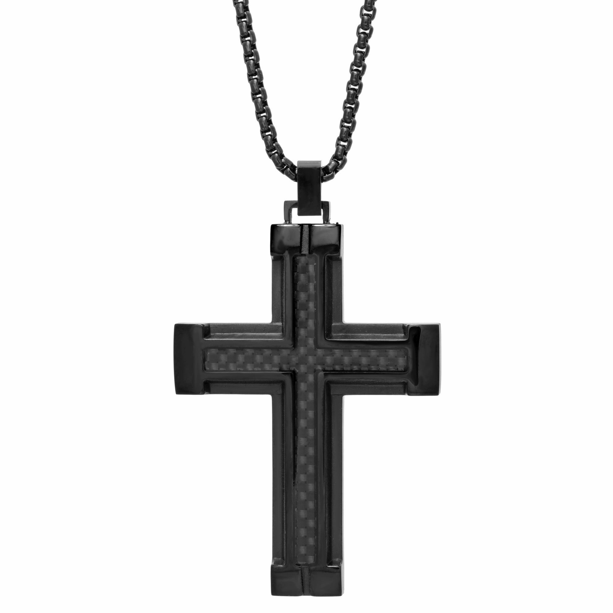 Men's Black Ion Plated Stainless Steel Carbon Fiber Cross Pendant - 24 Inch Round Box Chain | Metro Jewelry