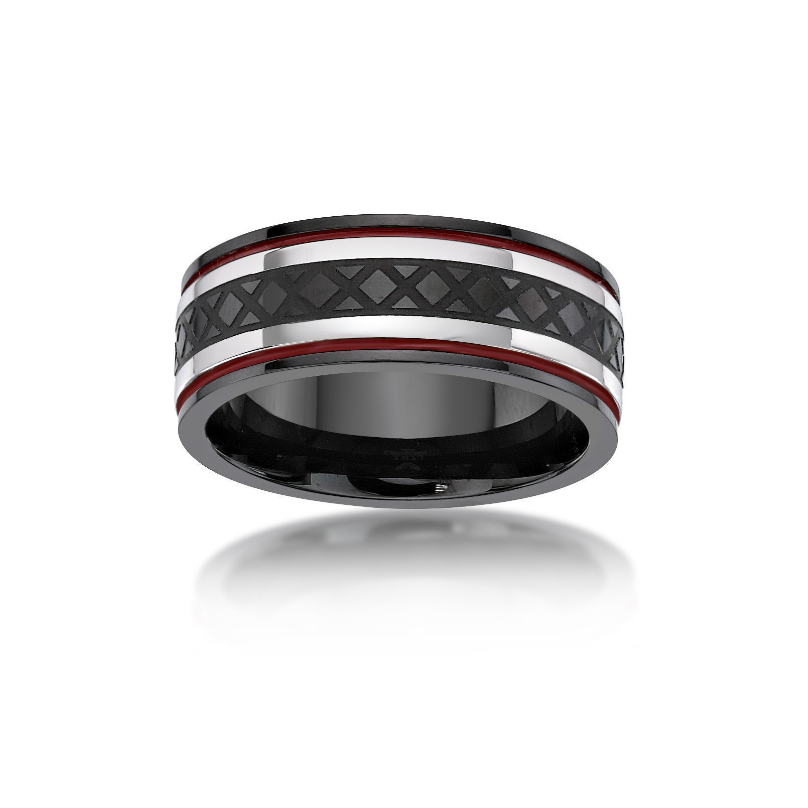 Men's Black Ion Plated Stainless Steel textured Ring with Red Resin | Metro Jewelry