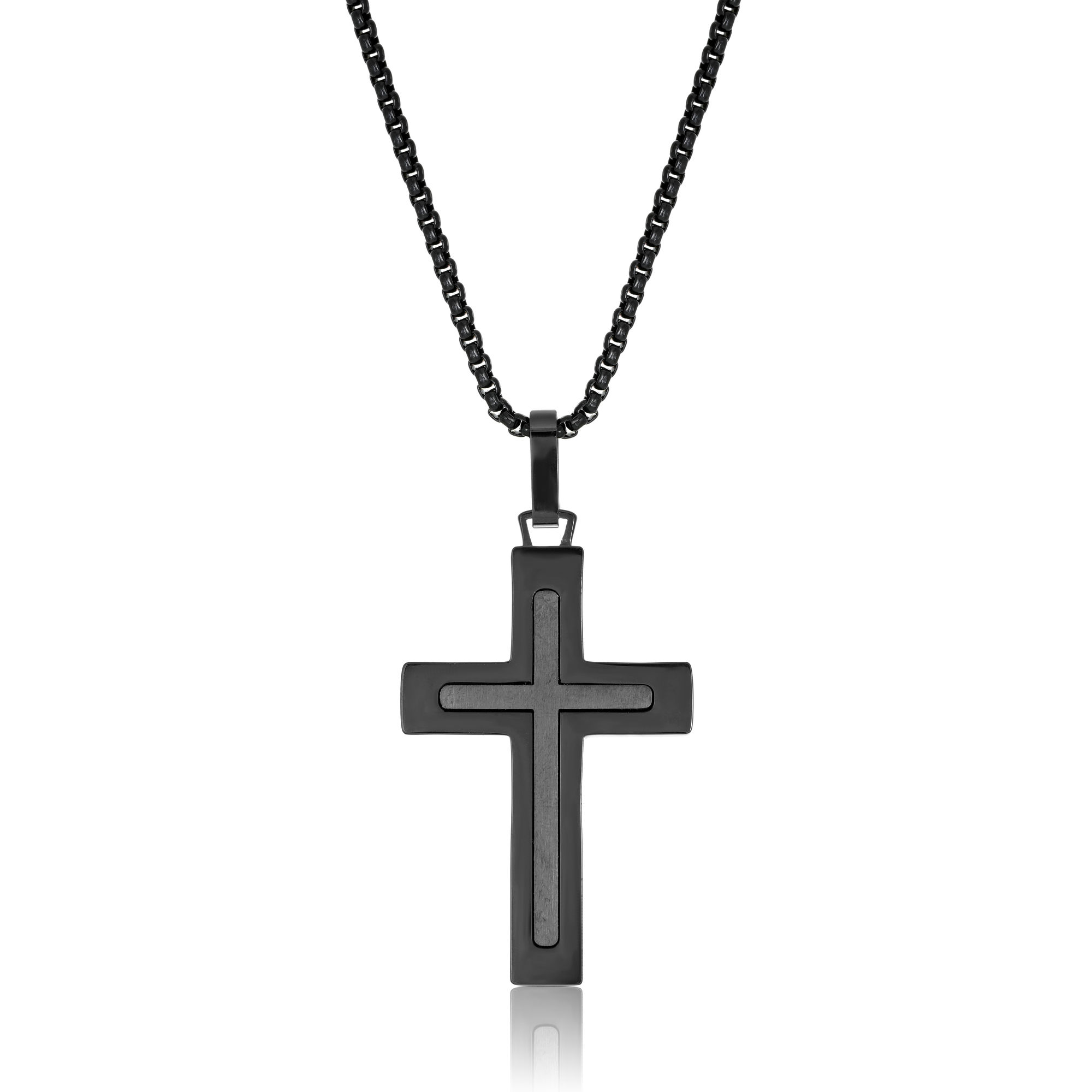 Men's Black Ion Plated Stainless Steel Cross Pendant - 24 Inch Round Box Chain | Metro Jewelry