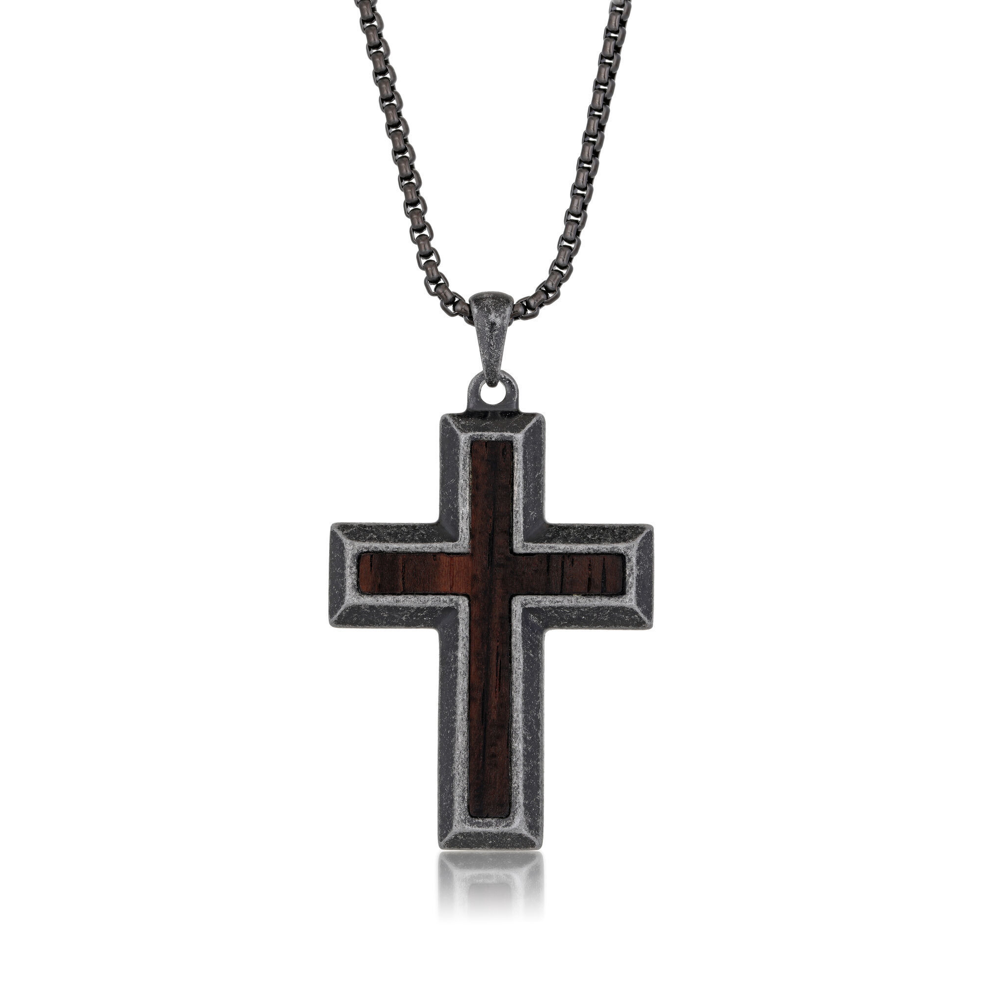 Stainless Steel Wood Inlay Cross Pendant - 24 Inch Round Box Chain | Metro Jewelry