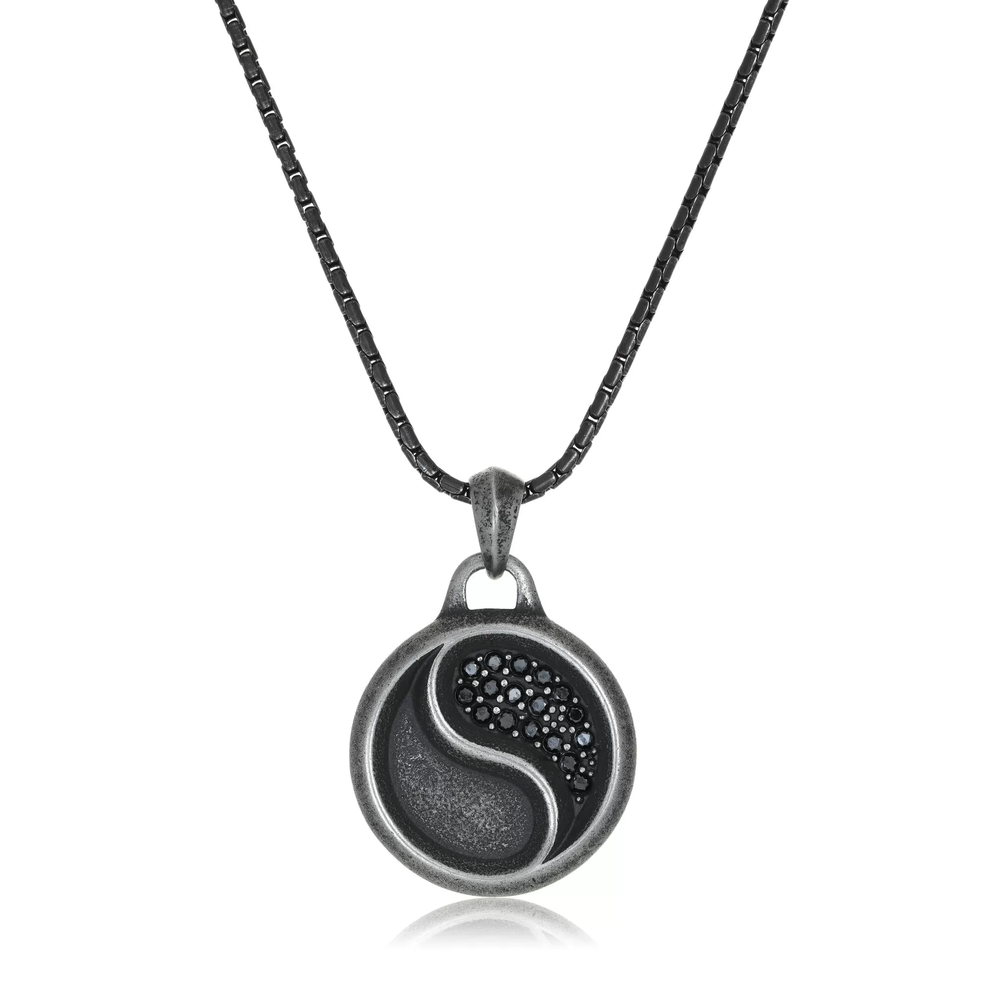 Men's Black Cubic Zirconia Black Ion Plated Stainless Steel Ying Yang Medallion Pendant - 24 Inch Round Box Chain | Metro Jewelry